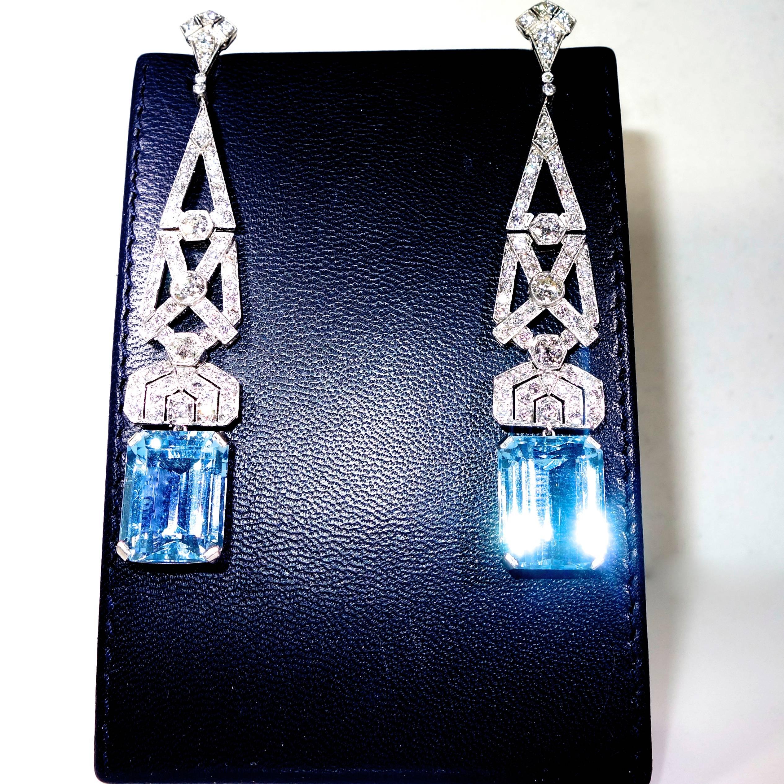  Art Deco Platinum, Diamond and Aquamarine Earrings In Good Condition In Aspen, CO