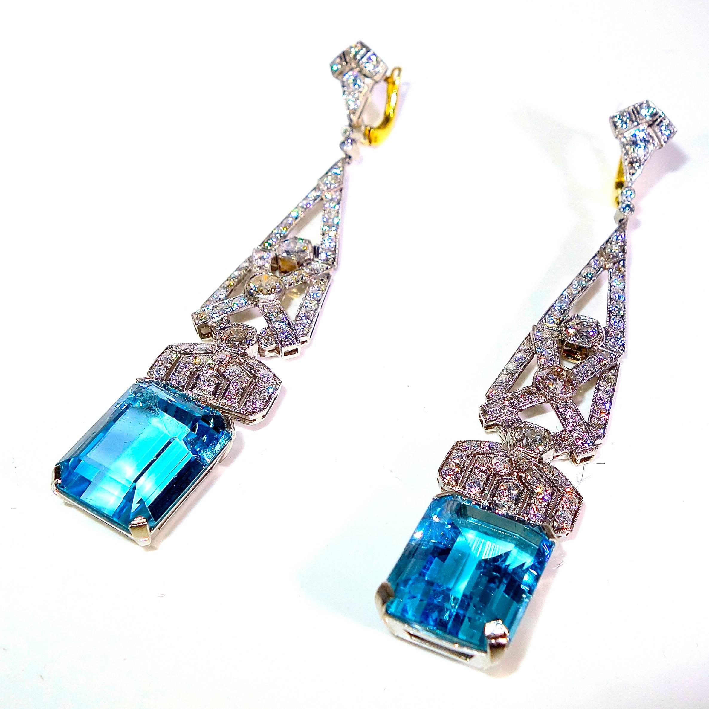 Women's  Art Deco Platinum, Diamond and Aquamarine Earrings