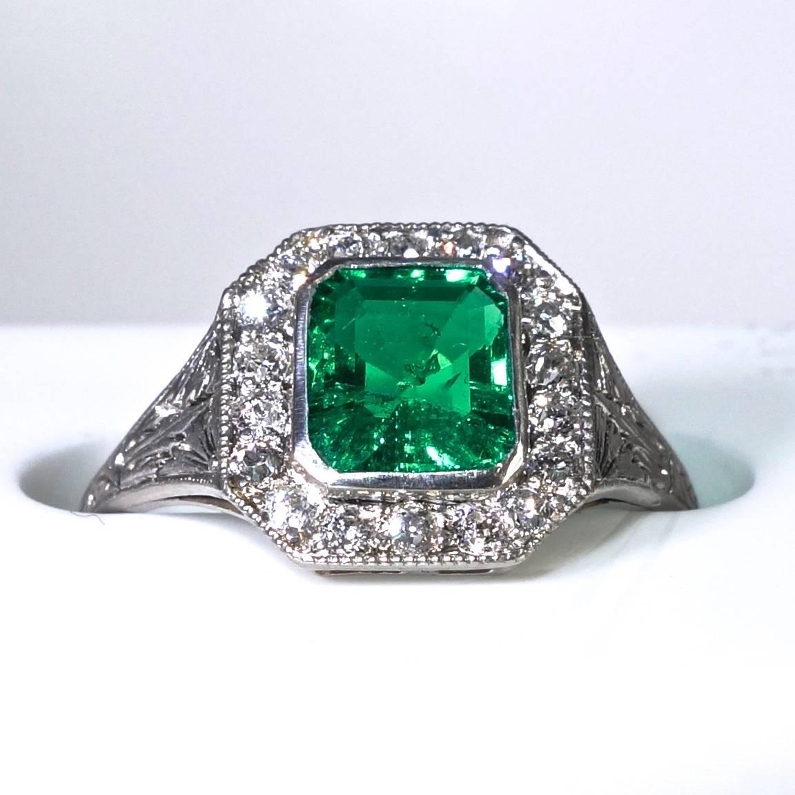 Edwardianischer Smaragd-Diamant-Platin-Ring 2