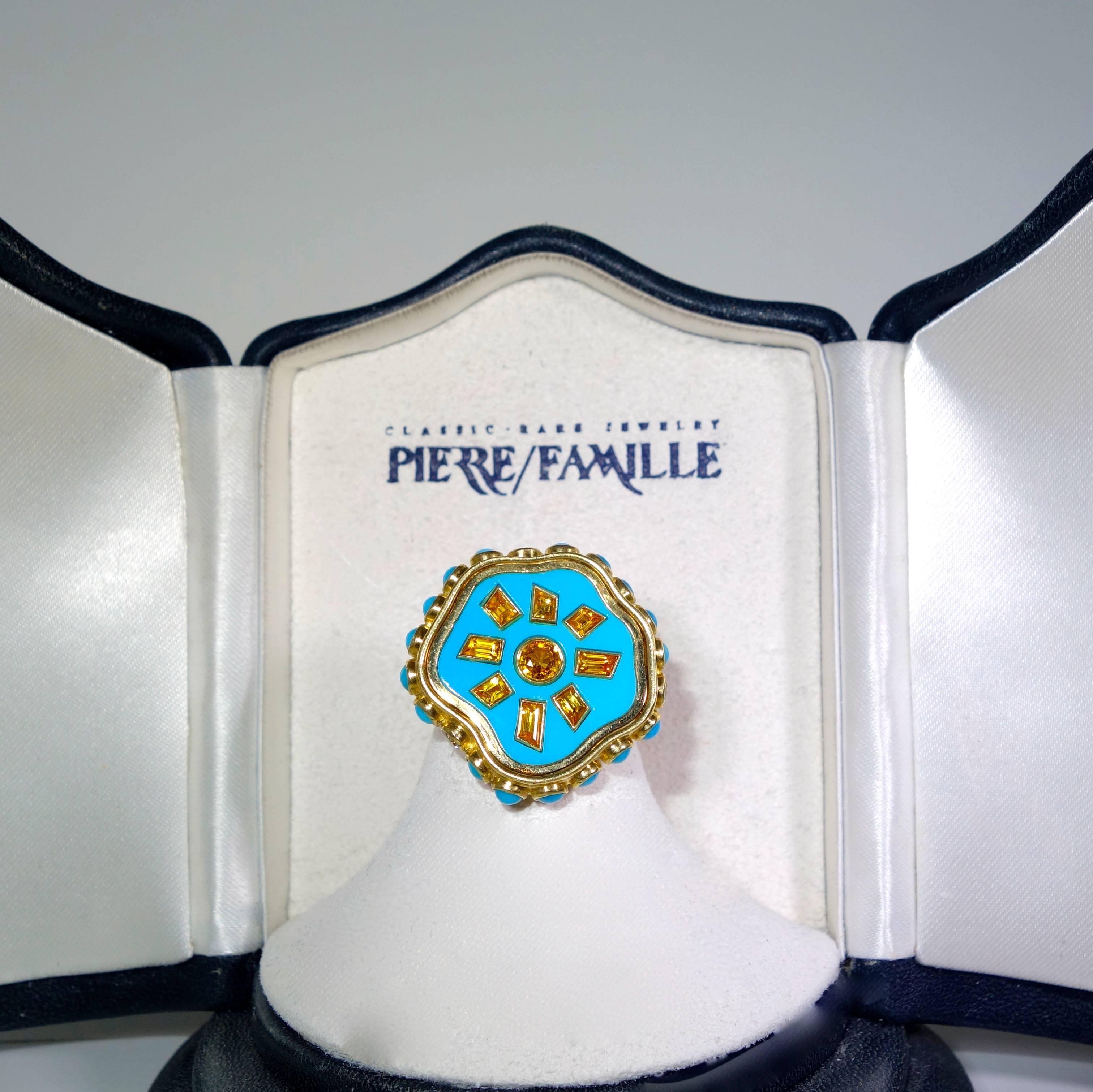 Turquoise Enamel Sapphire Diamond Gold Ring 2