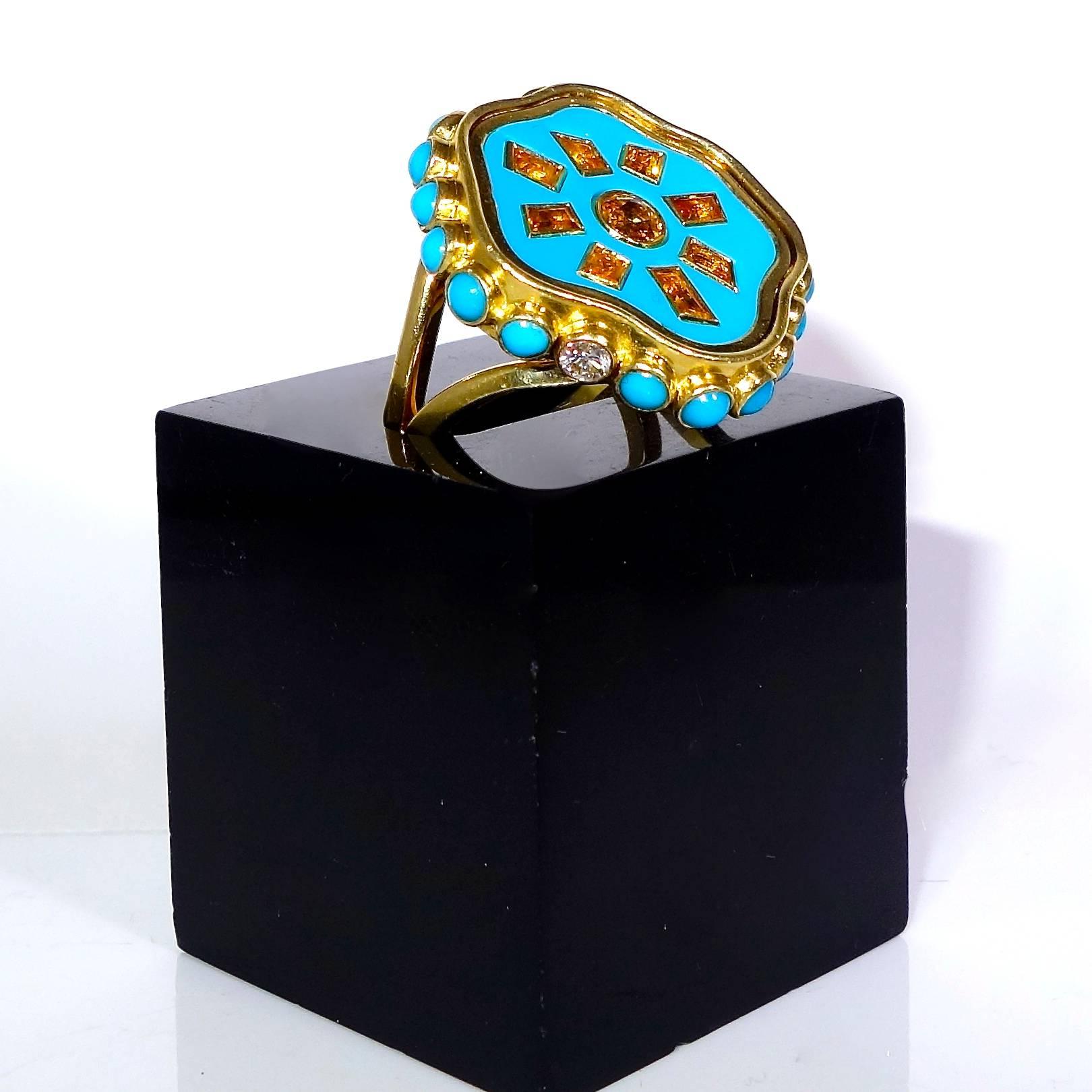 Turquoise Enamel Sapphire Diamond Gold Ring In Excellent Condition In Aspen, CO