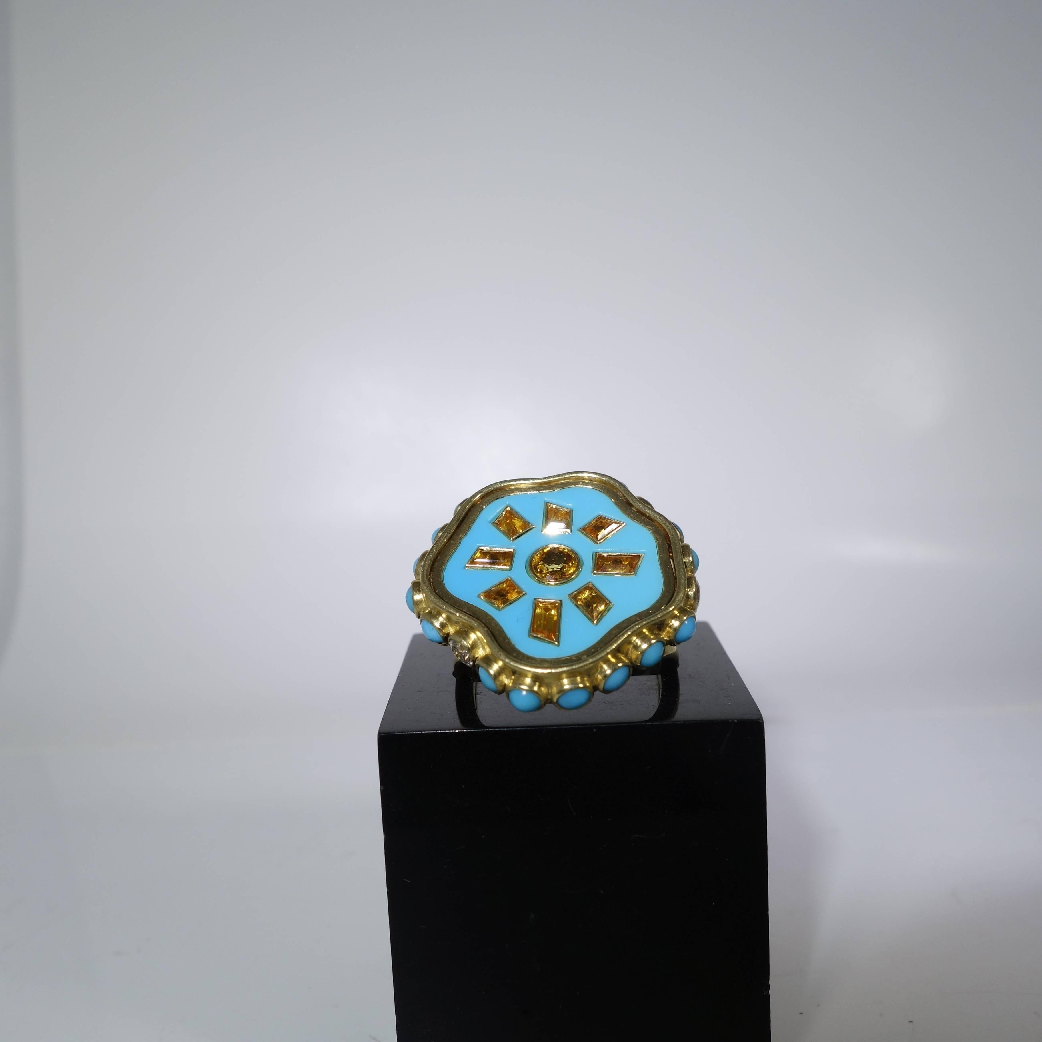Women's Turquoise Enamel Sapphire Diamond Gold Ring