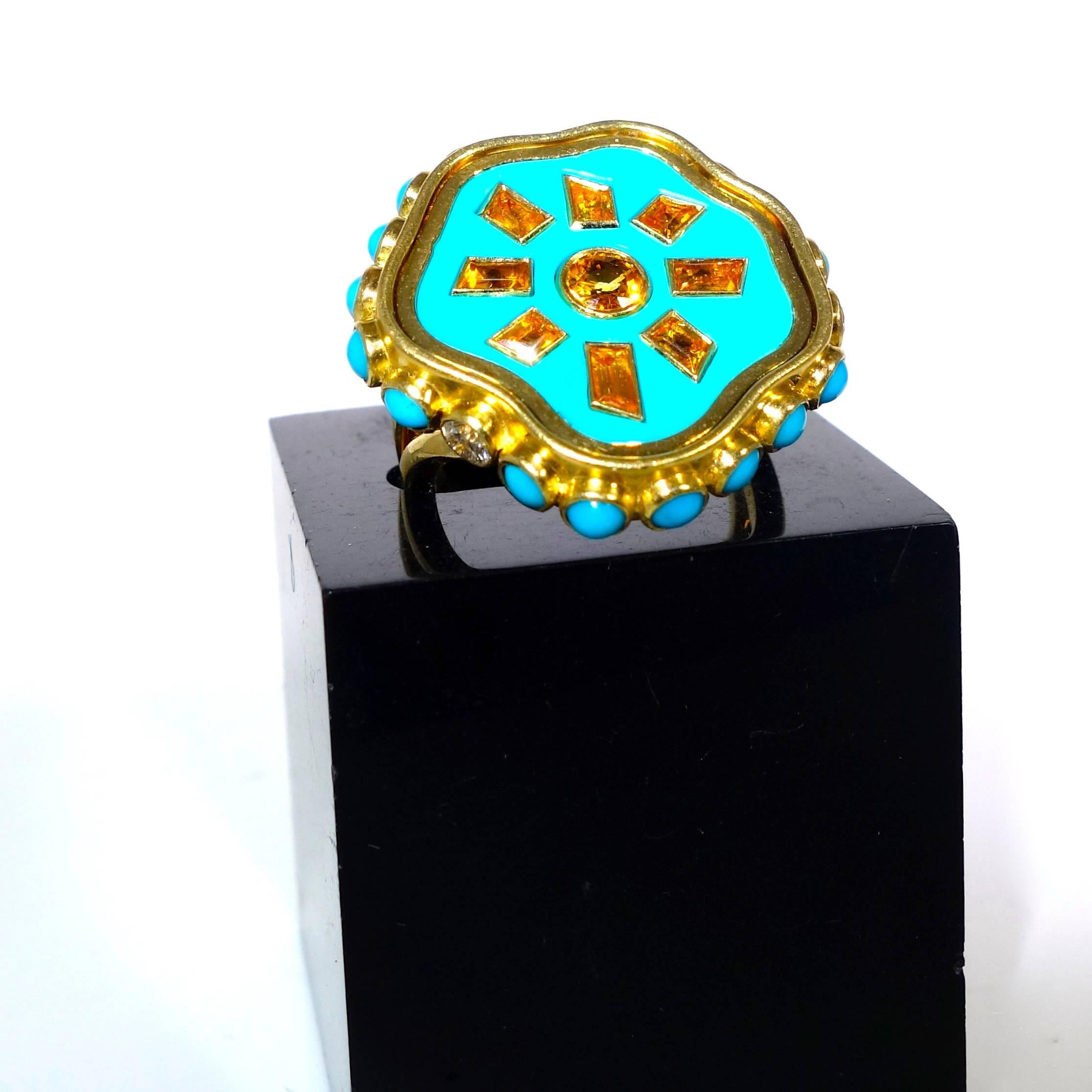 Turquoise Enamel Sapphire Diamond Gold Ring 1