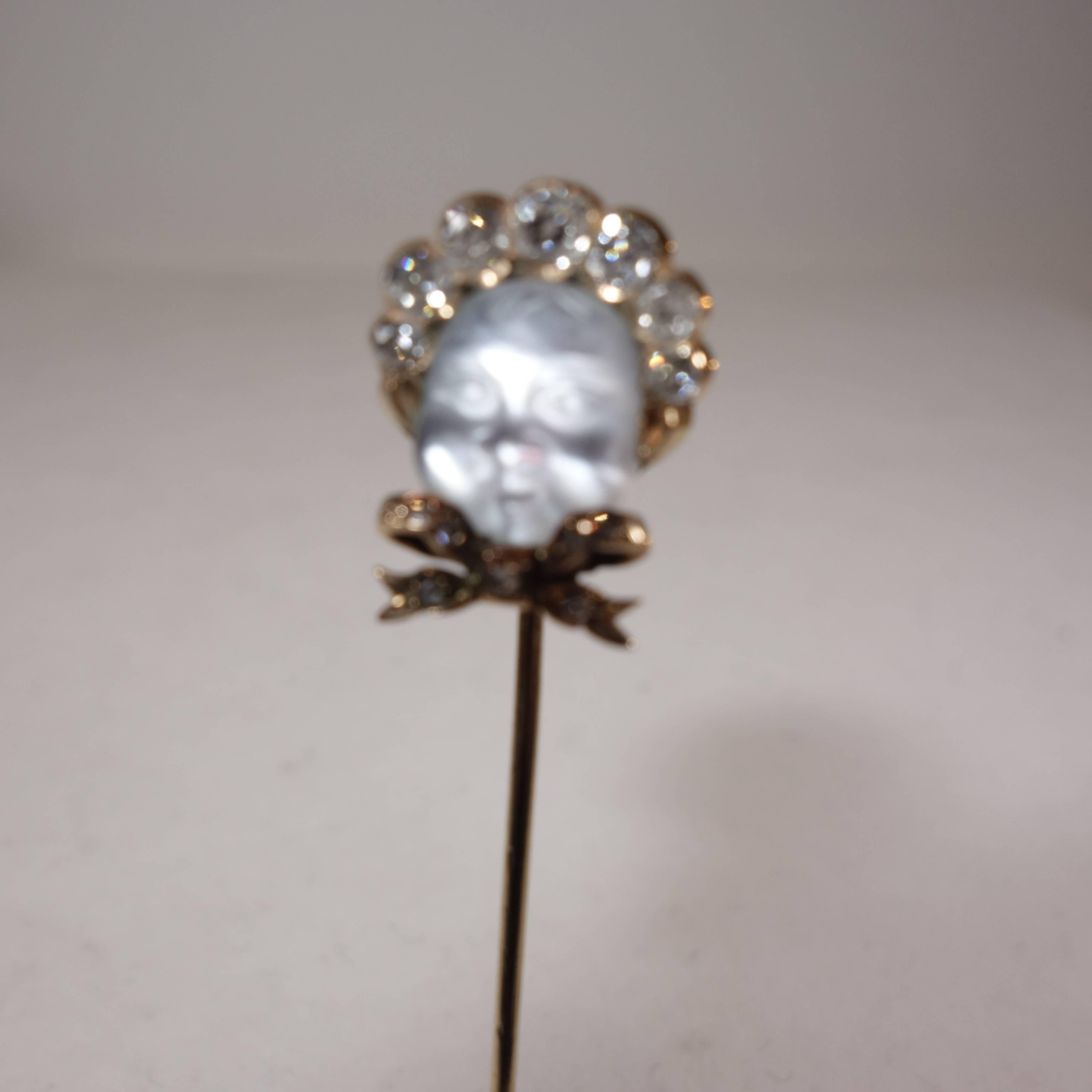 High Victorian 1880s Antique Moonstone Diamond Gold Baby with a Bonnet  Stickpin 