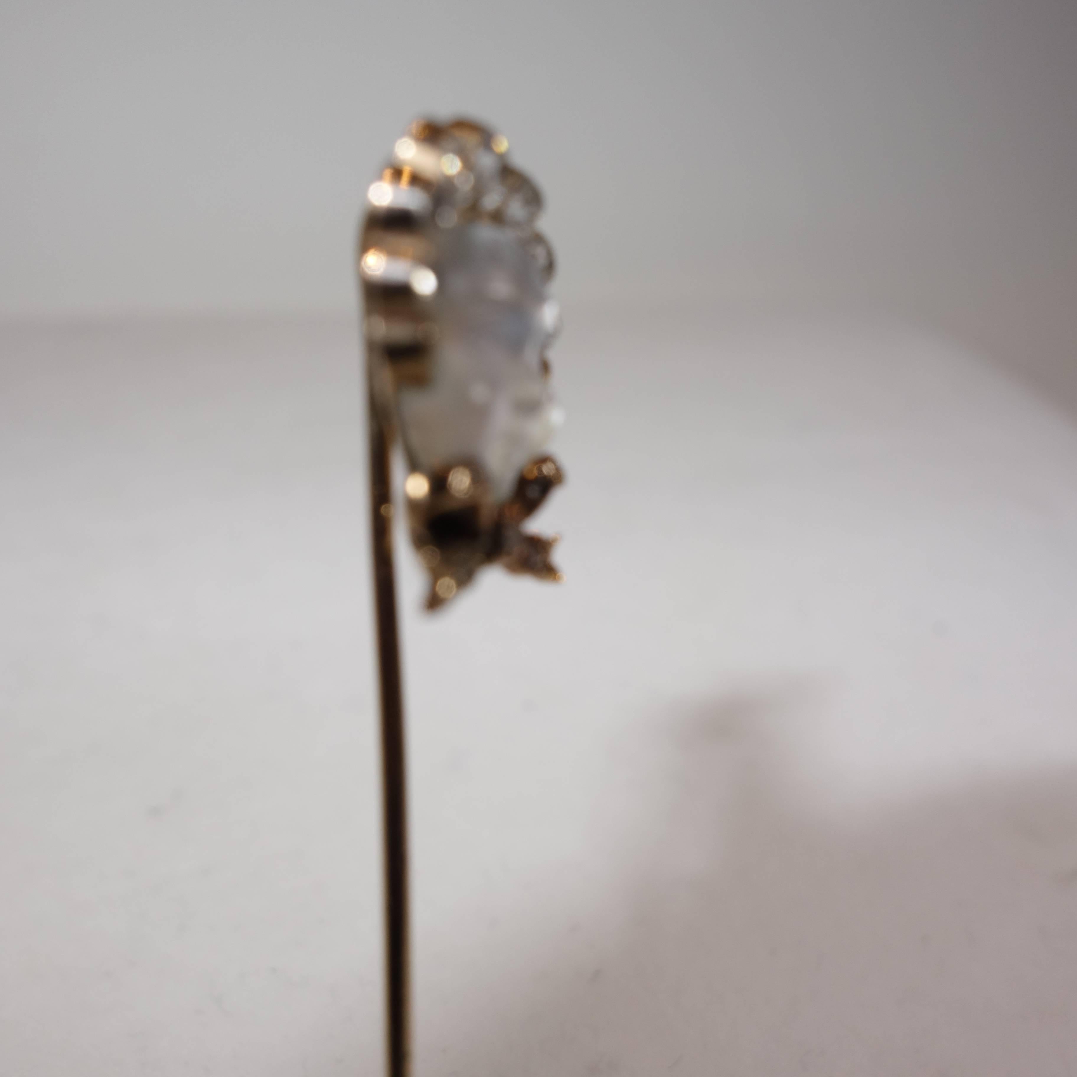 1880s Antique Moonstone Diamond Gold Baby with a Bonnet  Stickpin  1