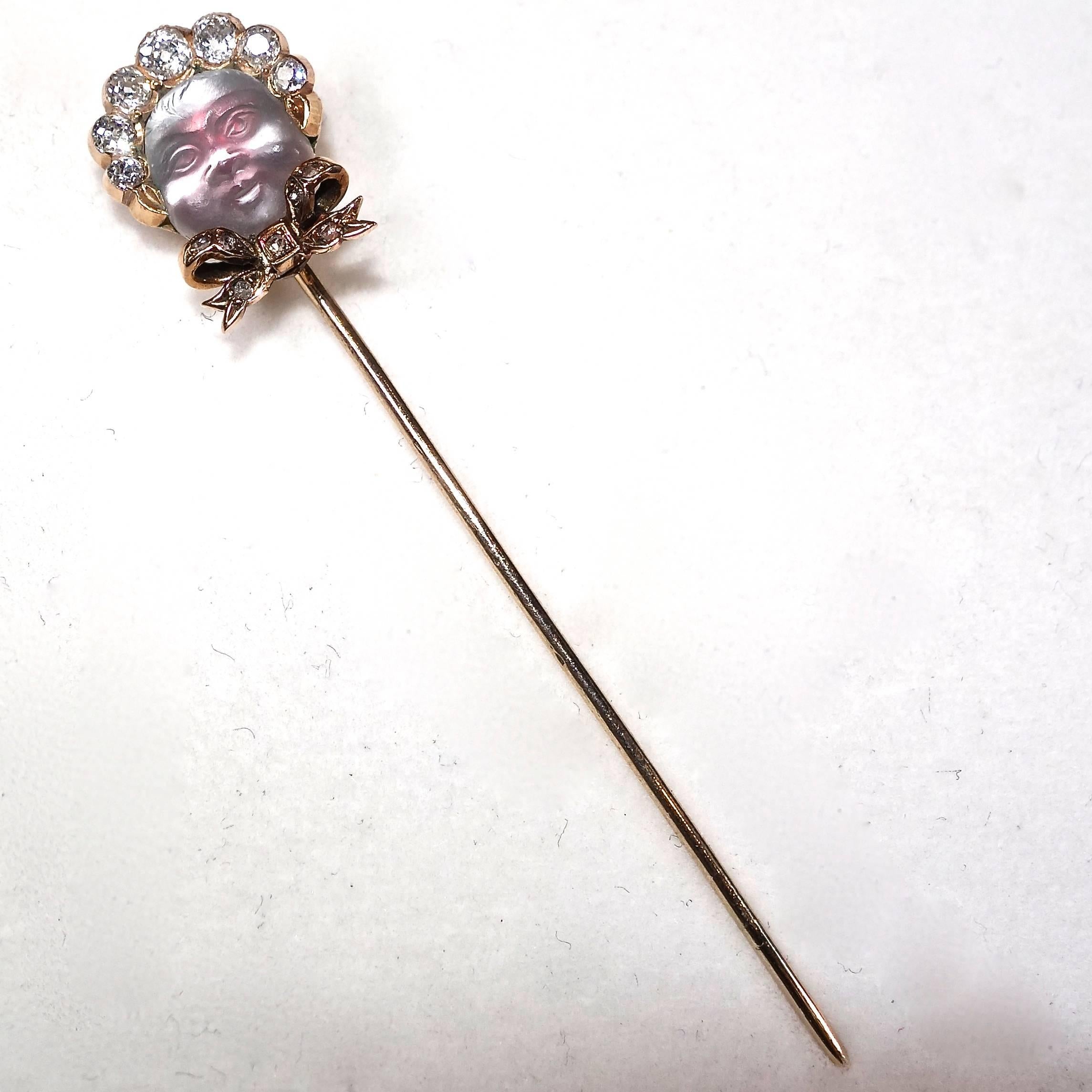 1880s Antique Moonstone Diamond Gold Baby with a Bonnet  Stickpin  In Excellent Condition In Aspen, CO