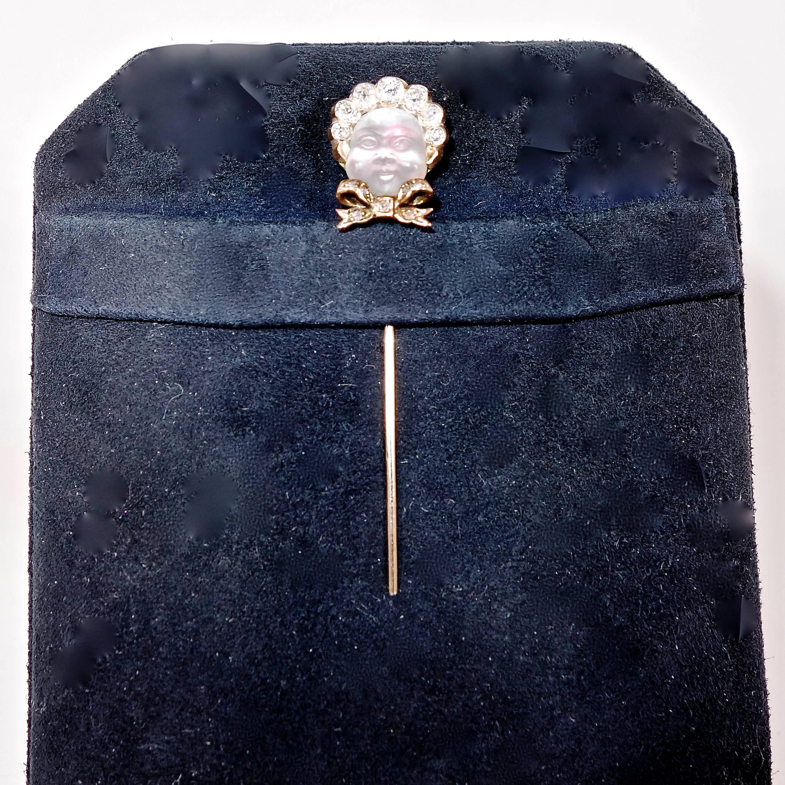 1880s Antique Moonstone Diamond Gold Baby with a Bonnet  Stickpin  4