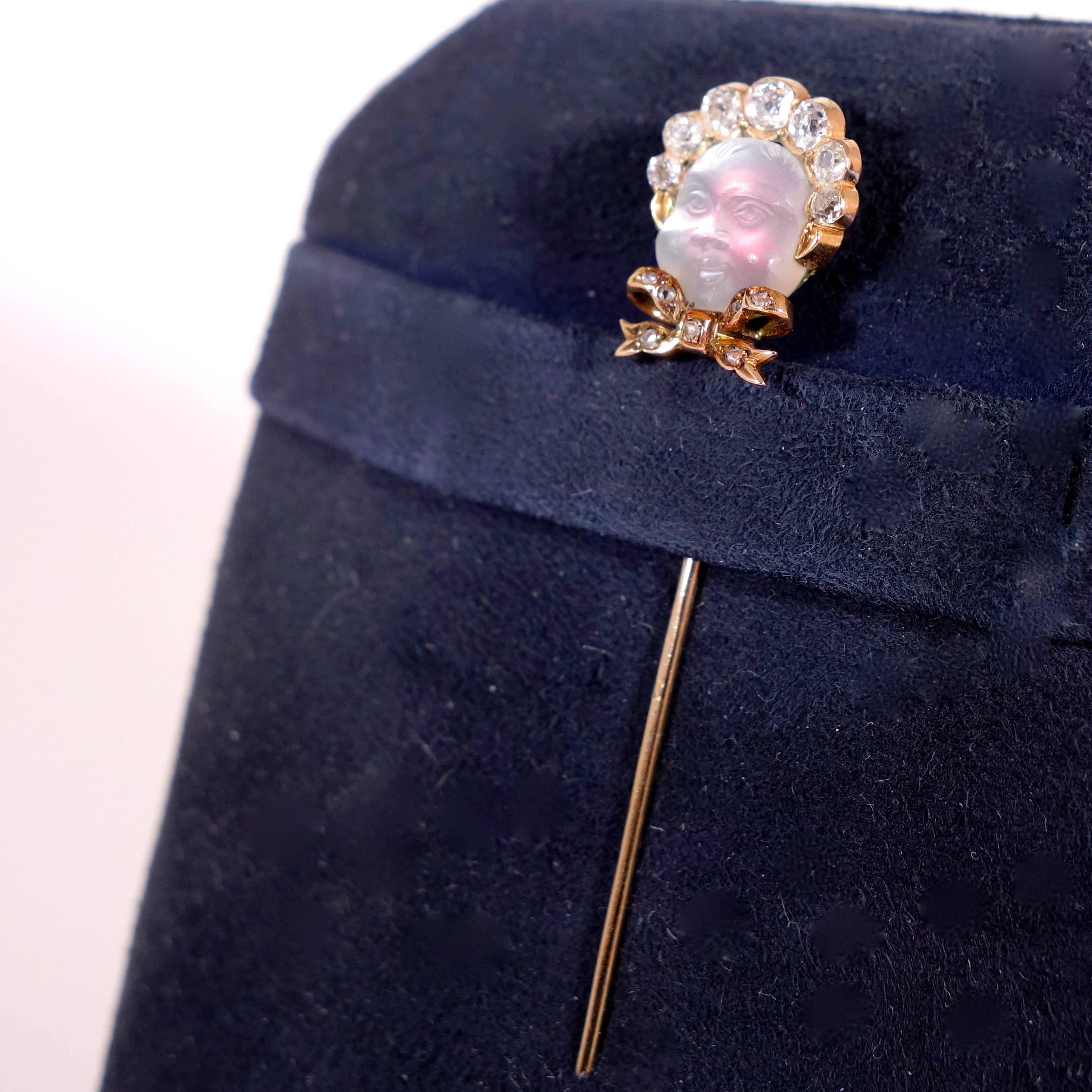 1880s Antique Moonstone Diamond Gold Baby with a Bonnet  Stickpin  3