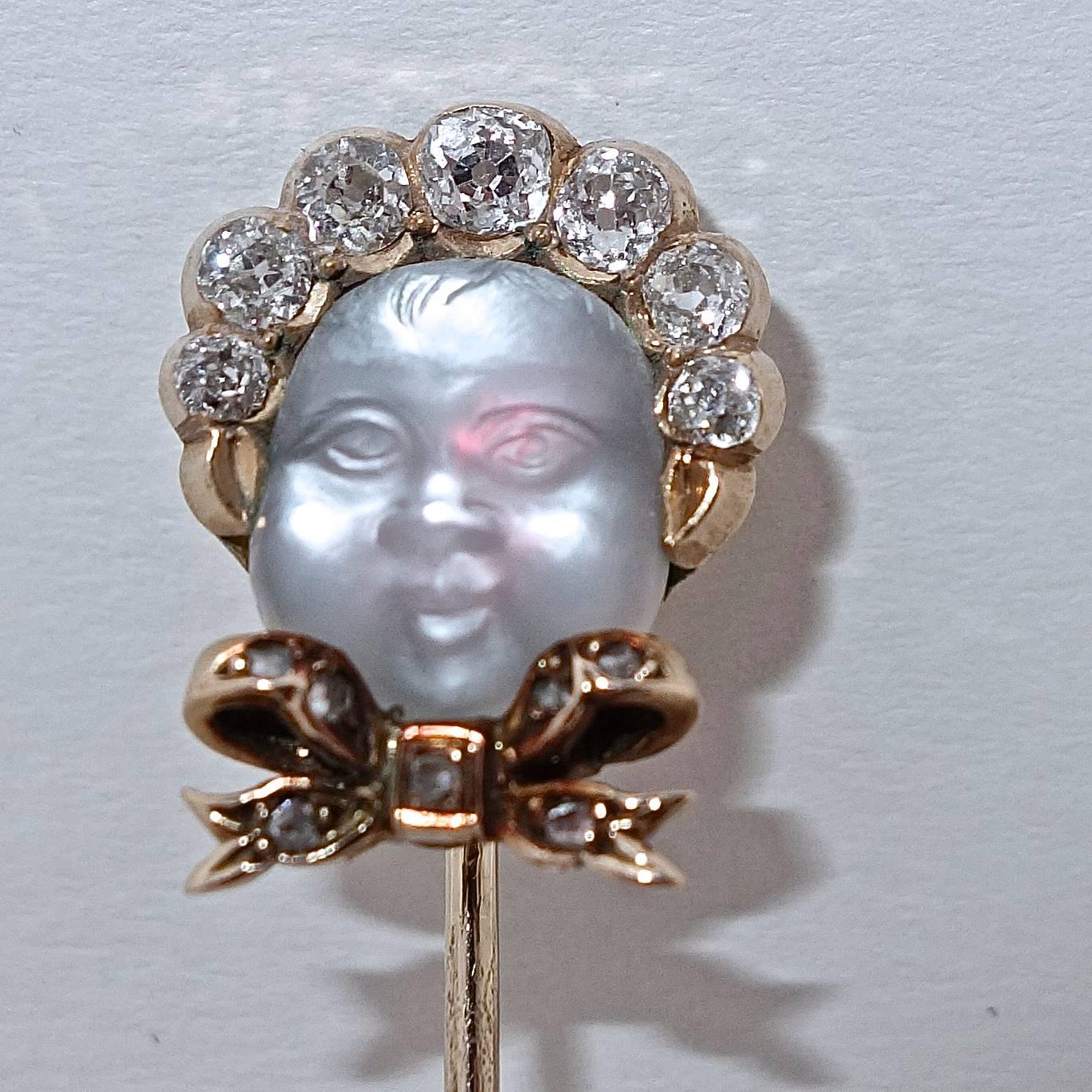 Women's or Men's 1880s Antique Moonstone Diamond Gold Baby with a Bonnet  Stickpin 