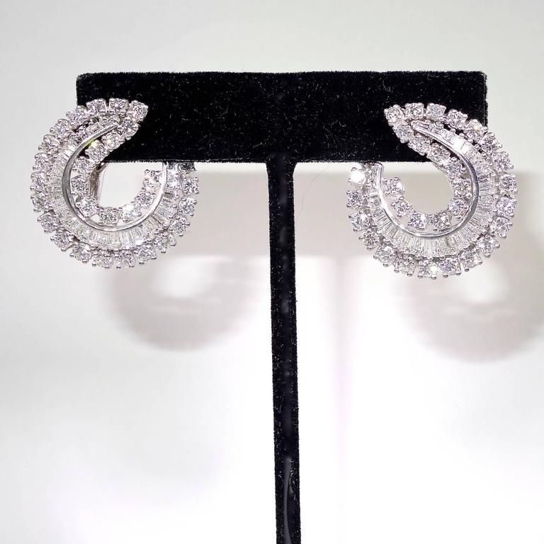 Round and Baguette Cut Diamond Gold Earrings at 1stDibs