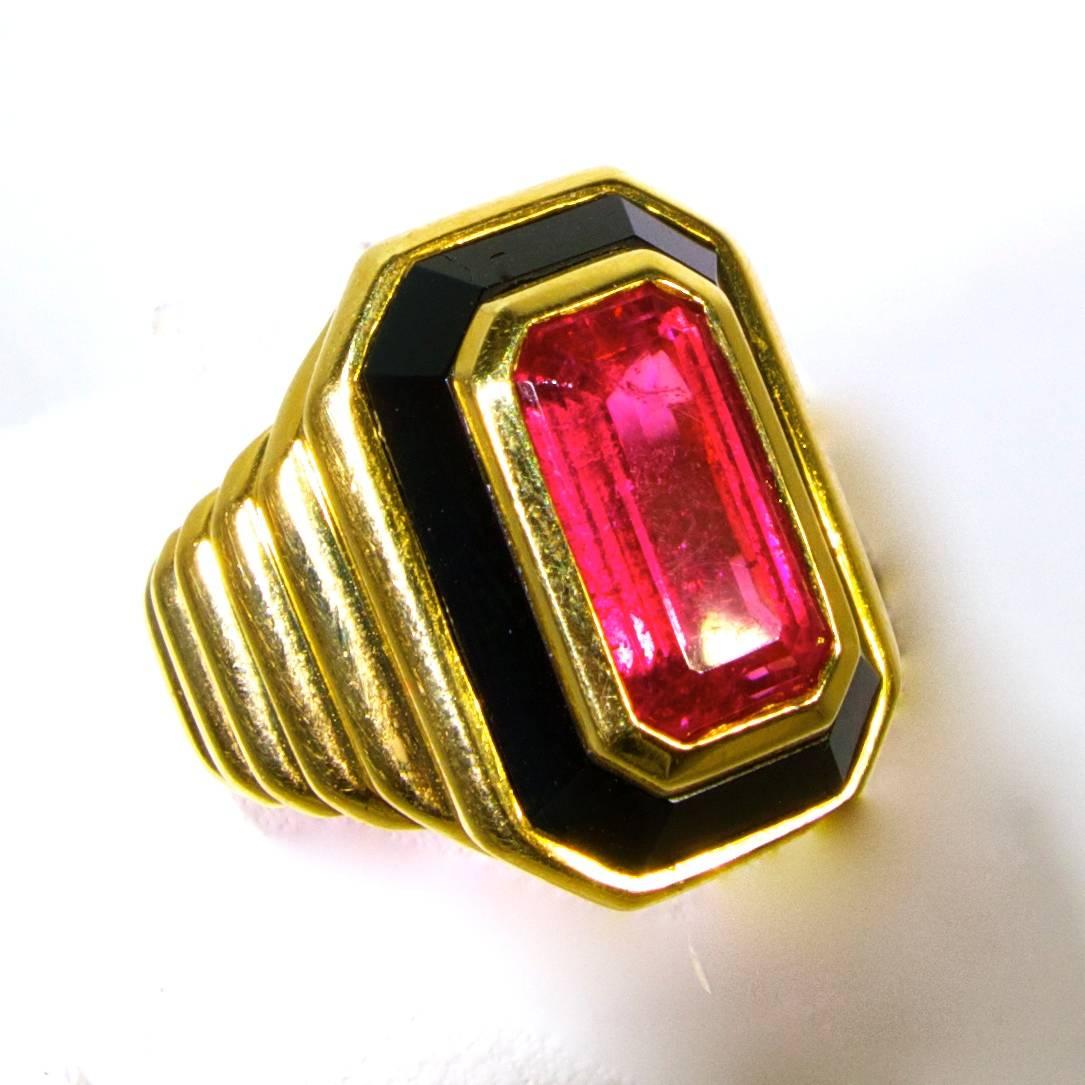 Women's Hot Pink Tourmaline Onyx Gold Ring