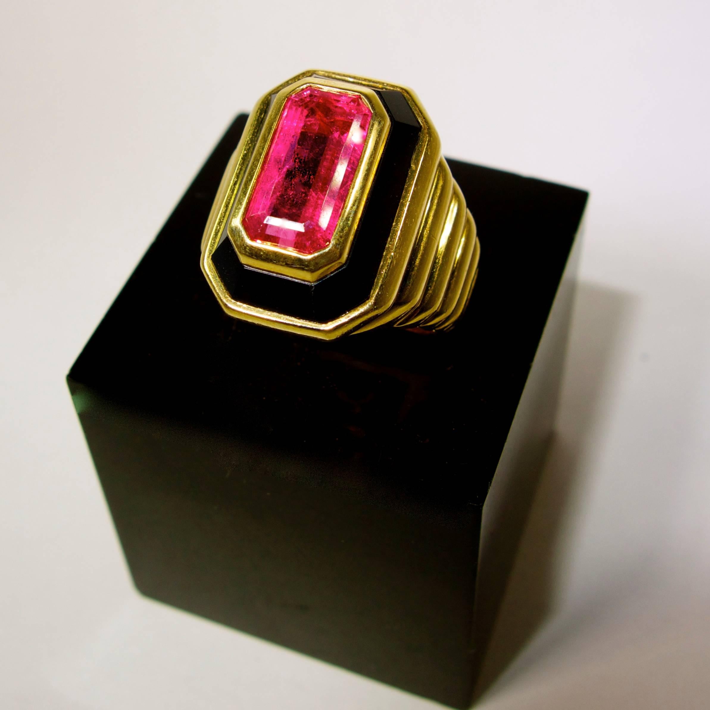 Hot Pink Tourmaline Onyx Gold Ring 1