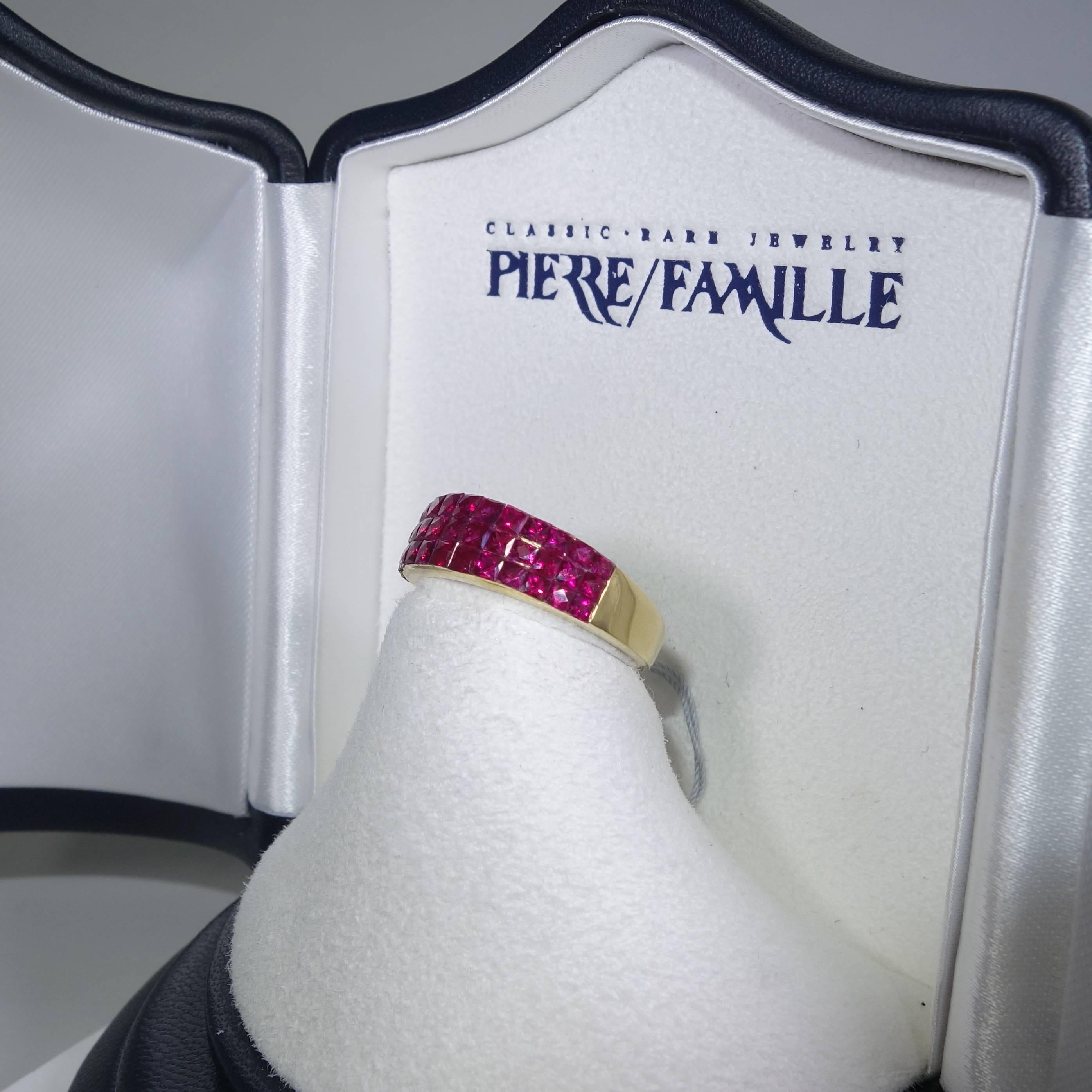 Contemporary Invisibly Set French Cut Ruby Gold Band Ring