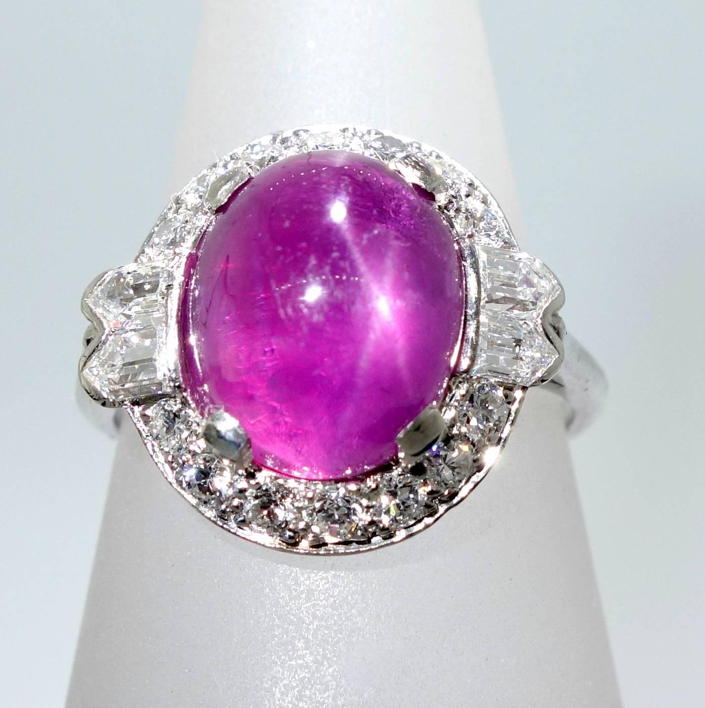 Art Deco 6.51 Carat GIA Cert Star Burma Ruby Diamond Platinum Ring In Excellent Condition In Aspen, CO