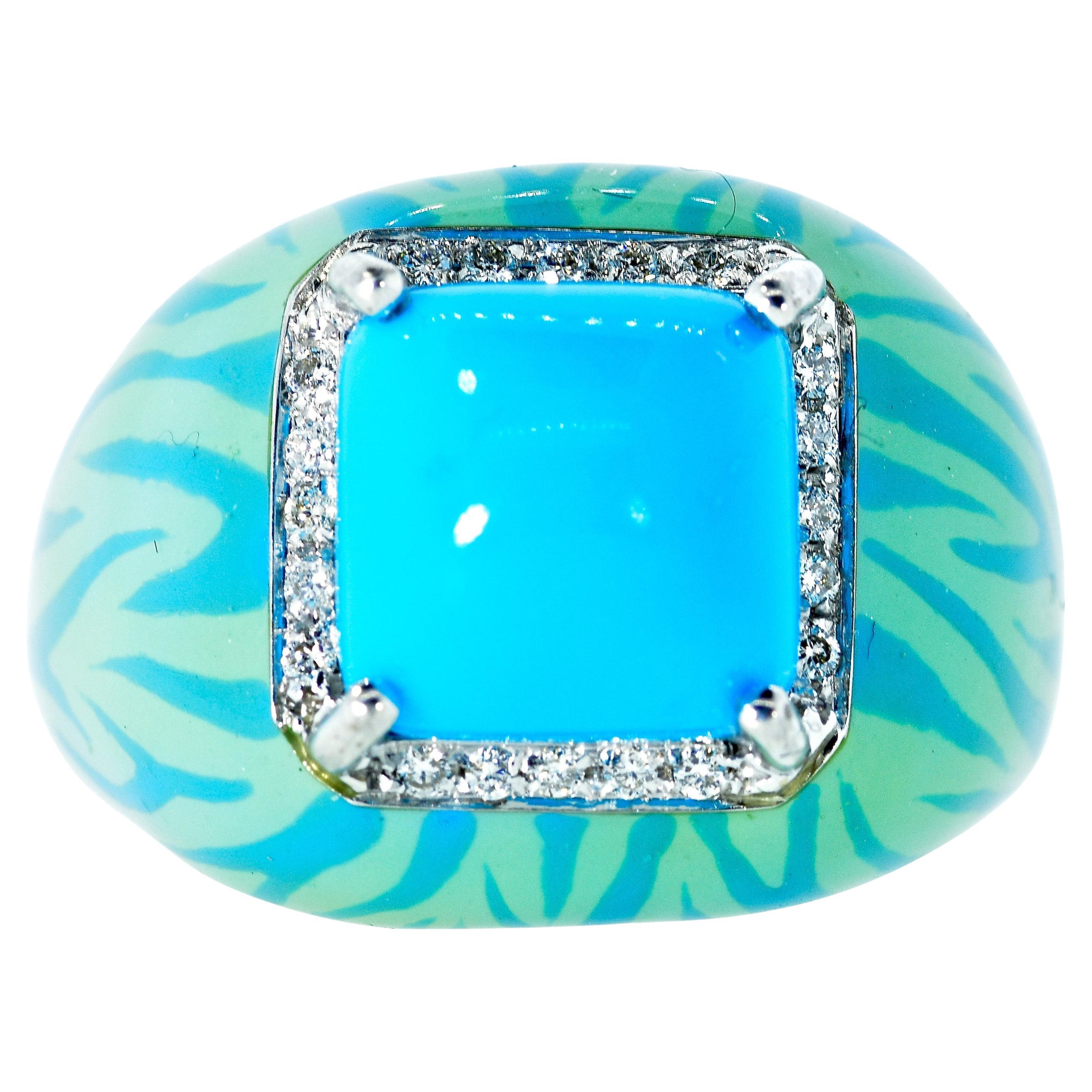 Bague en or blanc 18 carats avec turquoise et diamants et émail assorti