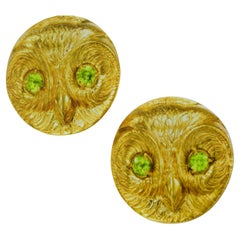 Gold Earrings with a Owl Motif with Peridots Eyes, c. 1950