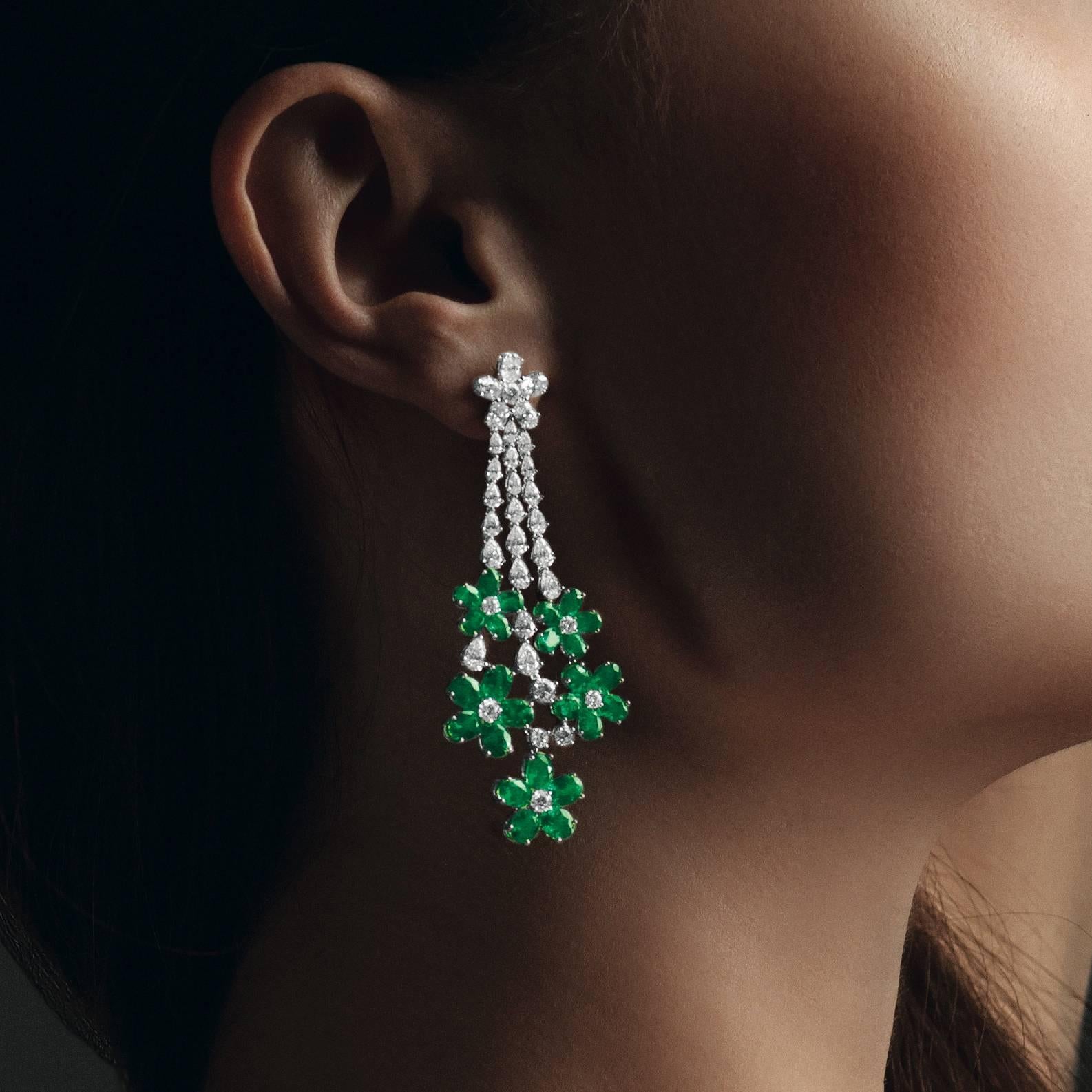 Contemporary Pendant Style Emerald Diamond Gold Earrings