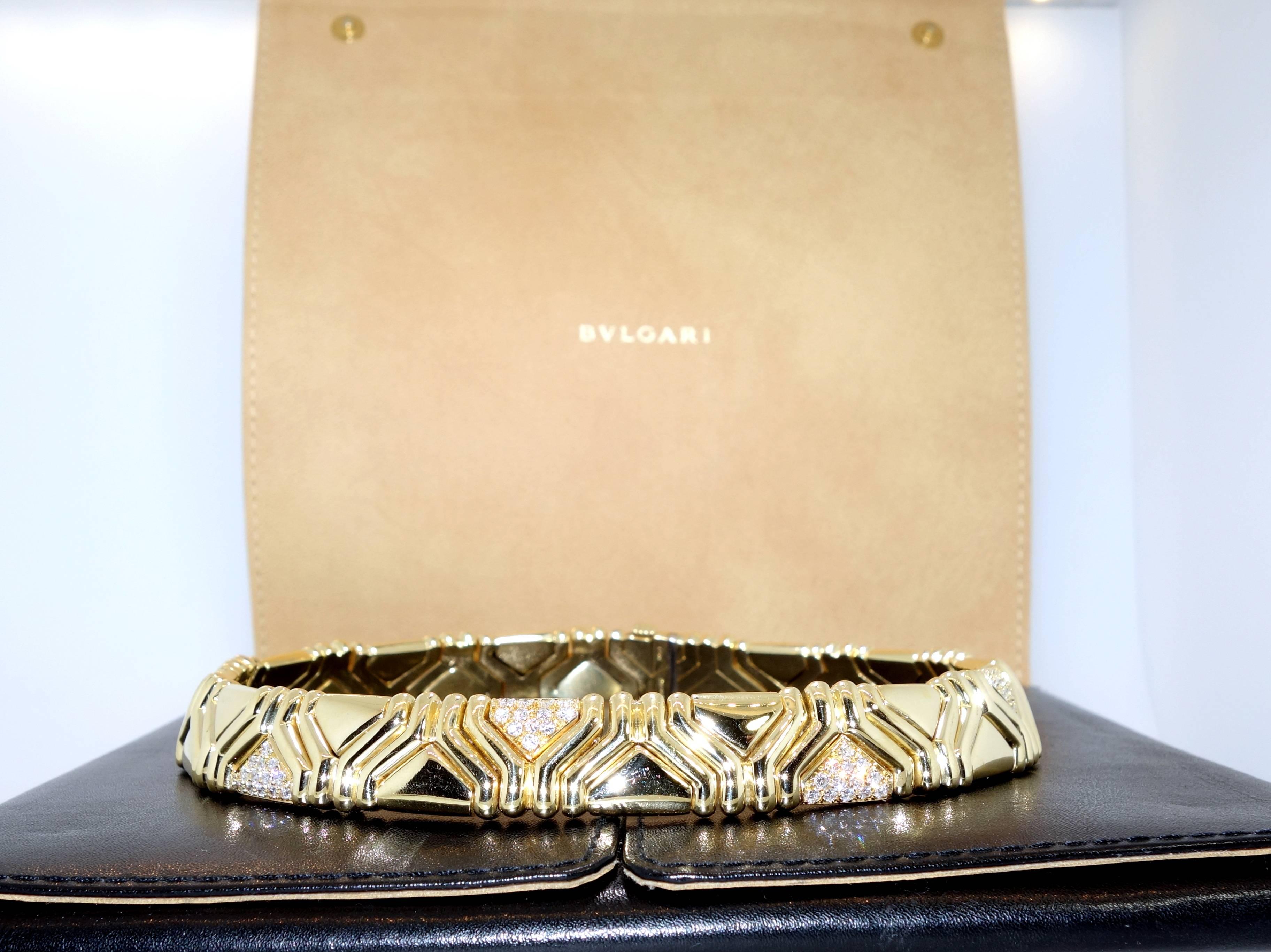 This iconic necklace/choker by Bulgari possesses 3.15 cts. of fine white diamonds (F/VS1).  This necklace, which is just over 15 inches, fits just at the collar bone.This piece is signed Bulgari, and 750 (for 18K), and weighs 6.6 troy ounces.  Circa