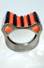 1930s Art Deco Onyx Coral Diamond Gold Platinum Ring