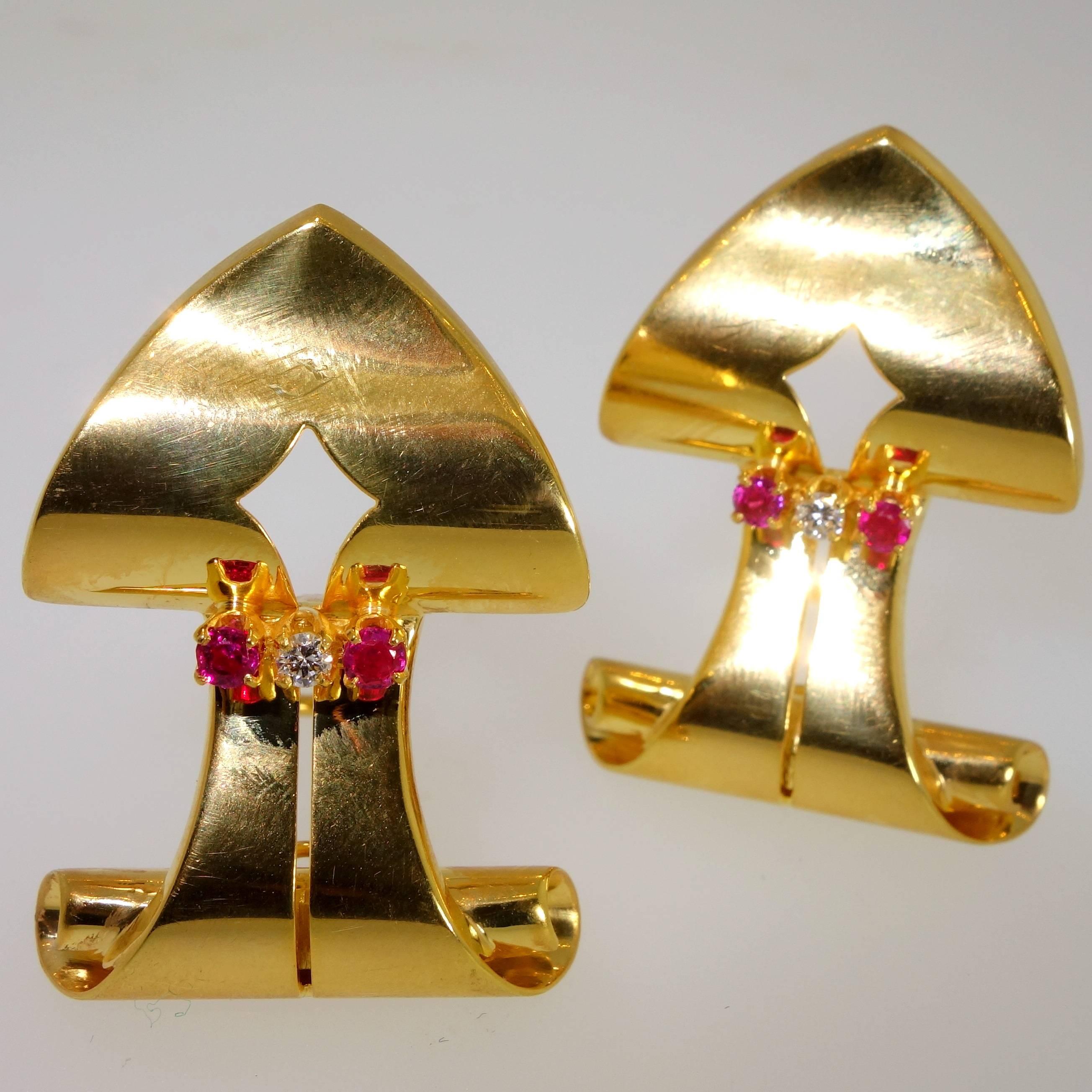 1950s Retro Ruby Diamond Gold Shield Shape Earrings In Excellent Condition In Aspen, CO