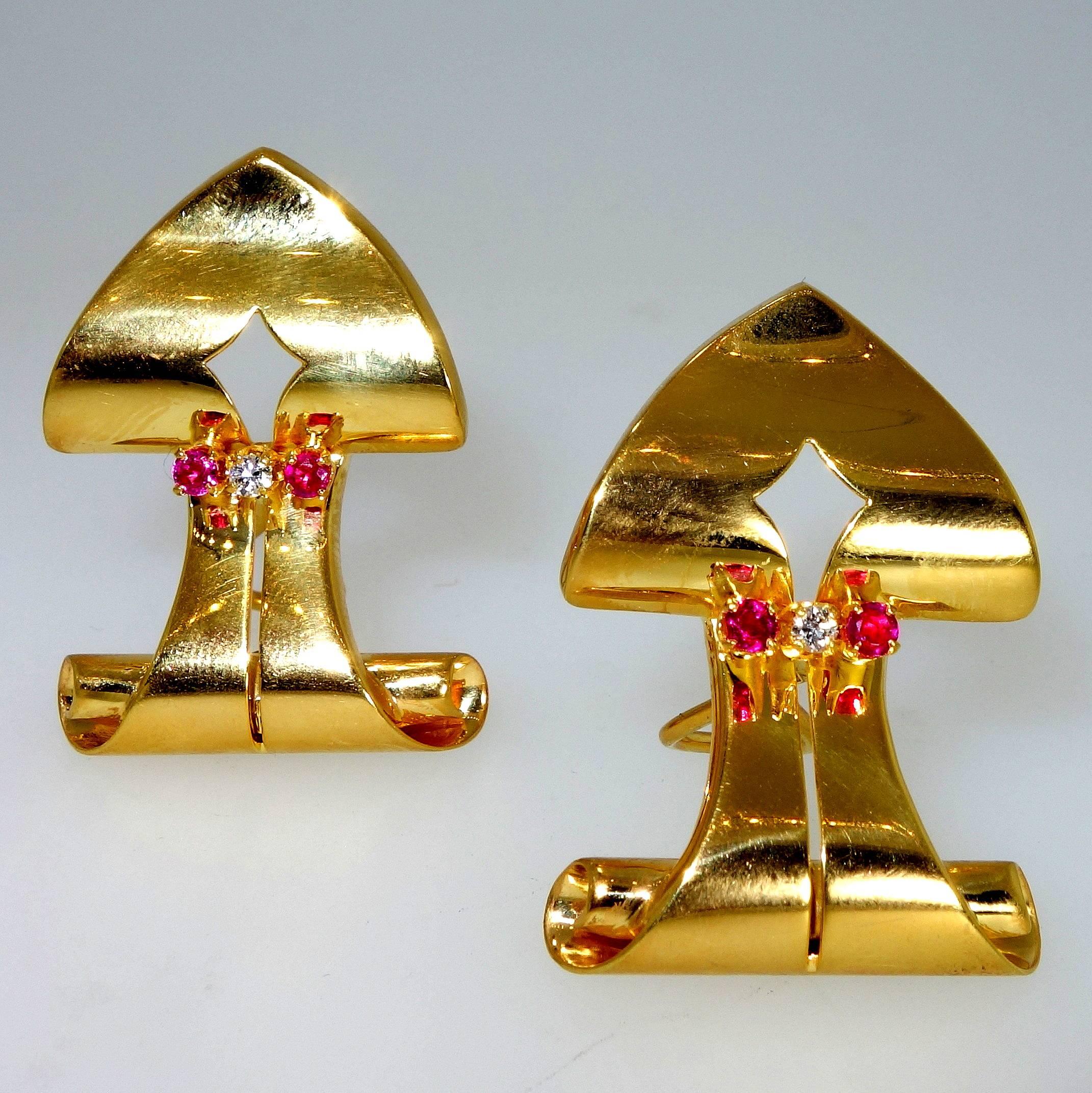 1950s Retro Ruby Diamond Gold Shield Shape Earrings 1