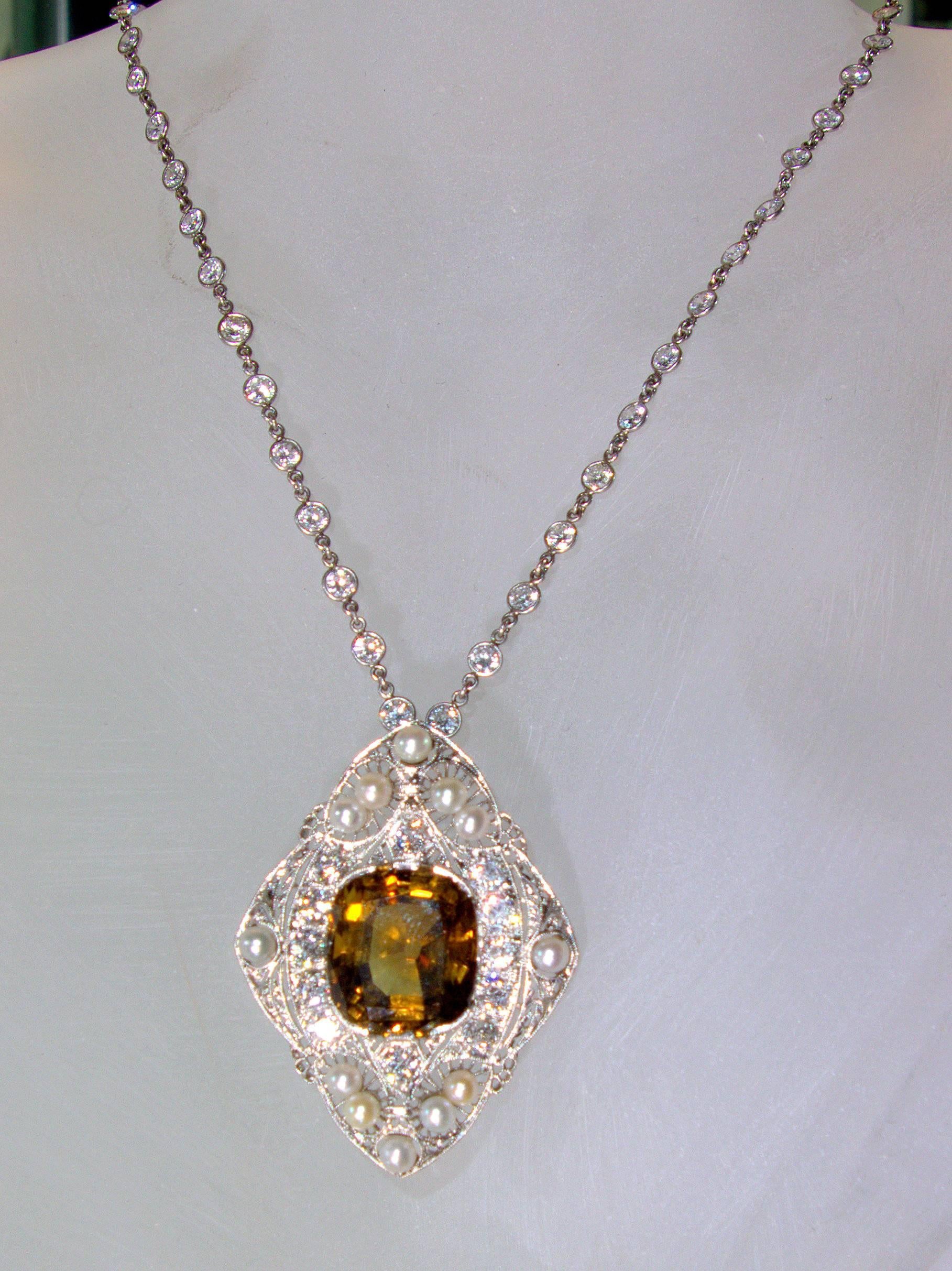 Edwardian Natural Pearl Chrysoberyl Platinum Pendant Necklace 1