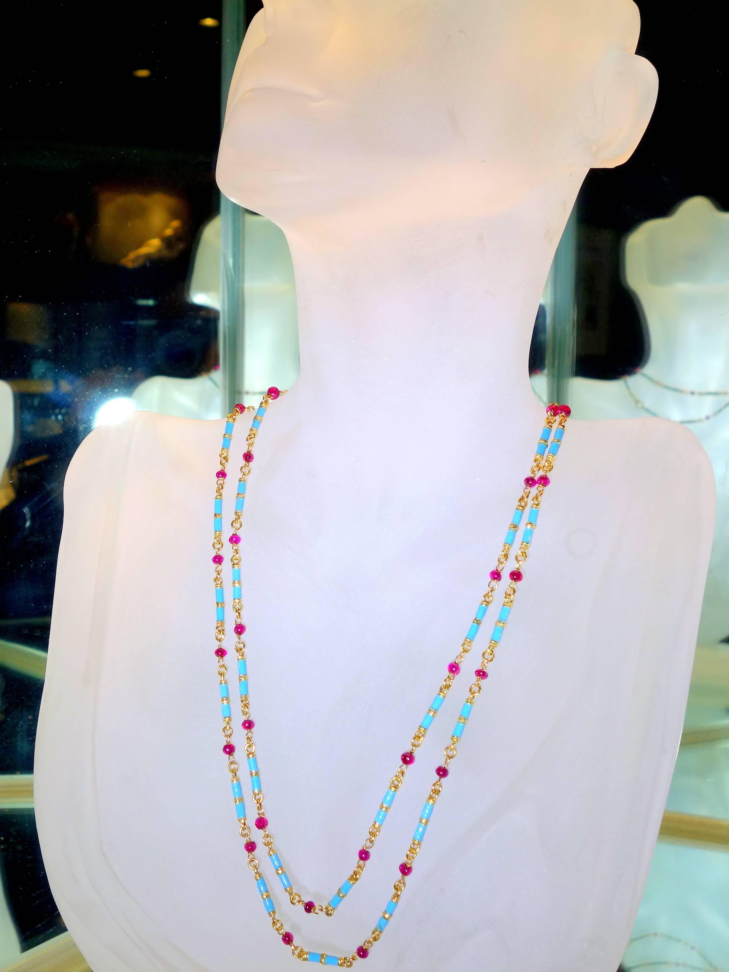 Blue Enamel Ruby Gold Long Chain Necklace In Excellent Condition In Aspen, CO