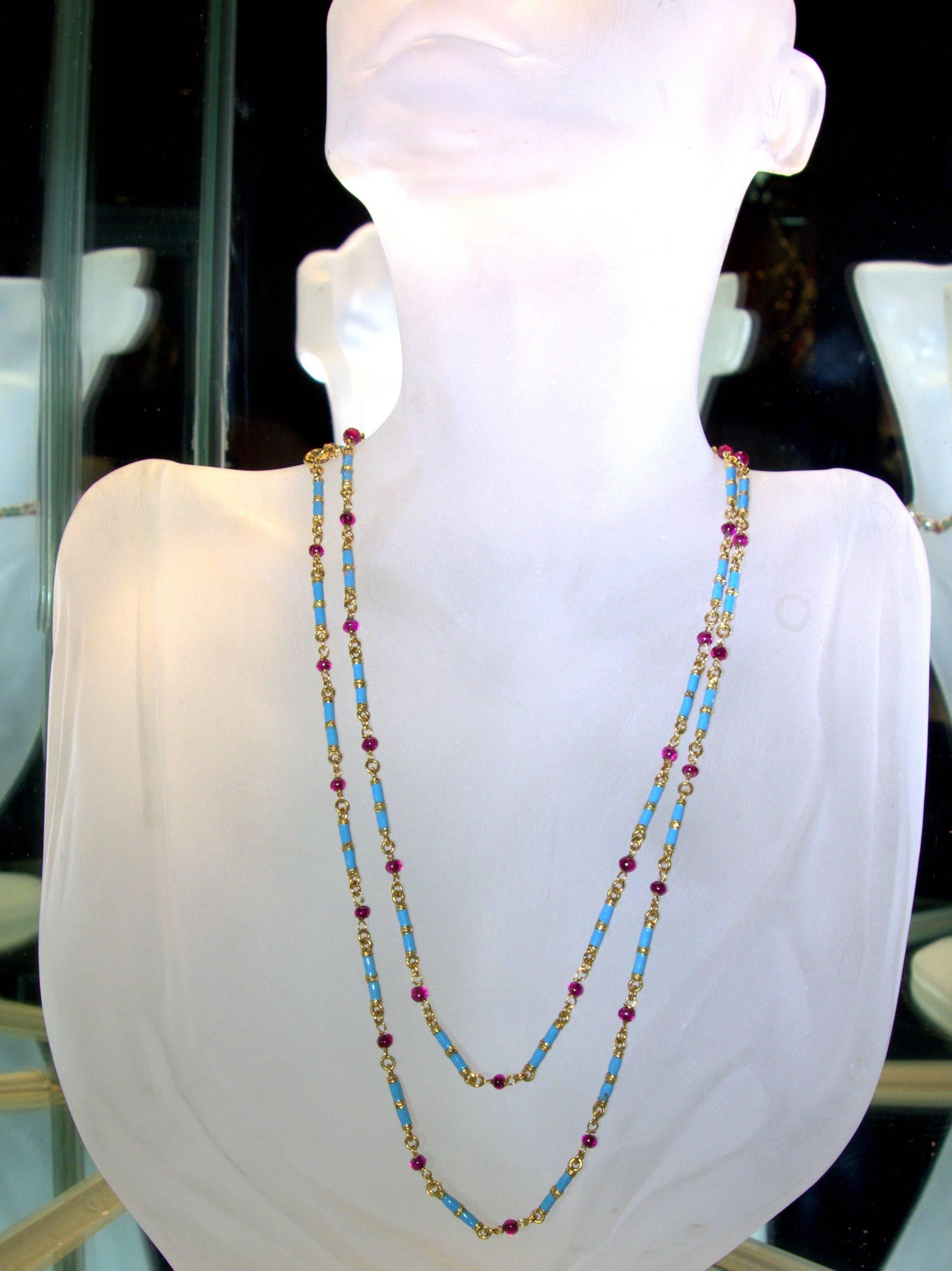 Blue Enamel Ruby Gold Long Chain Necklace 1