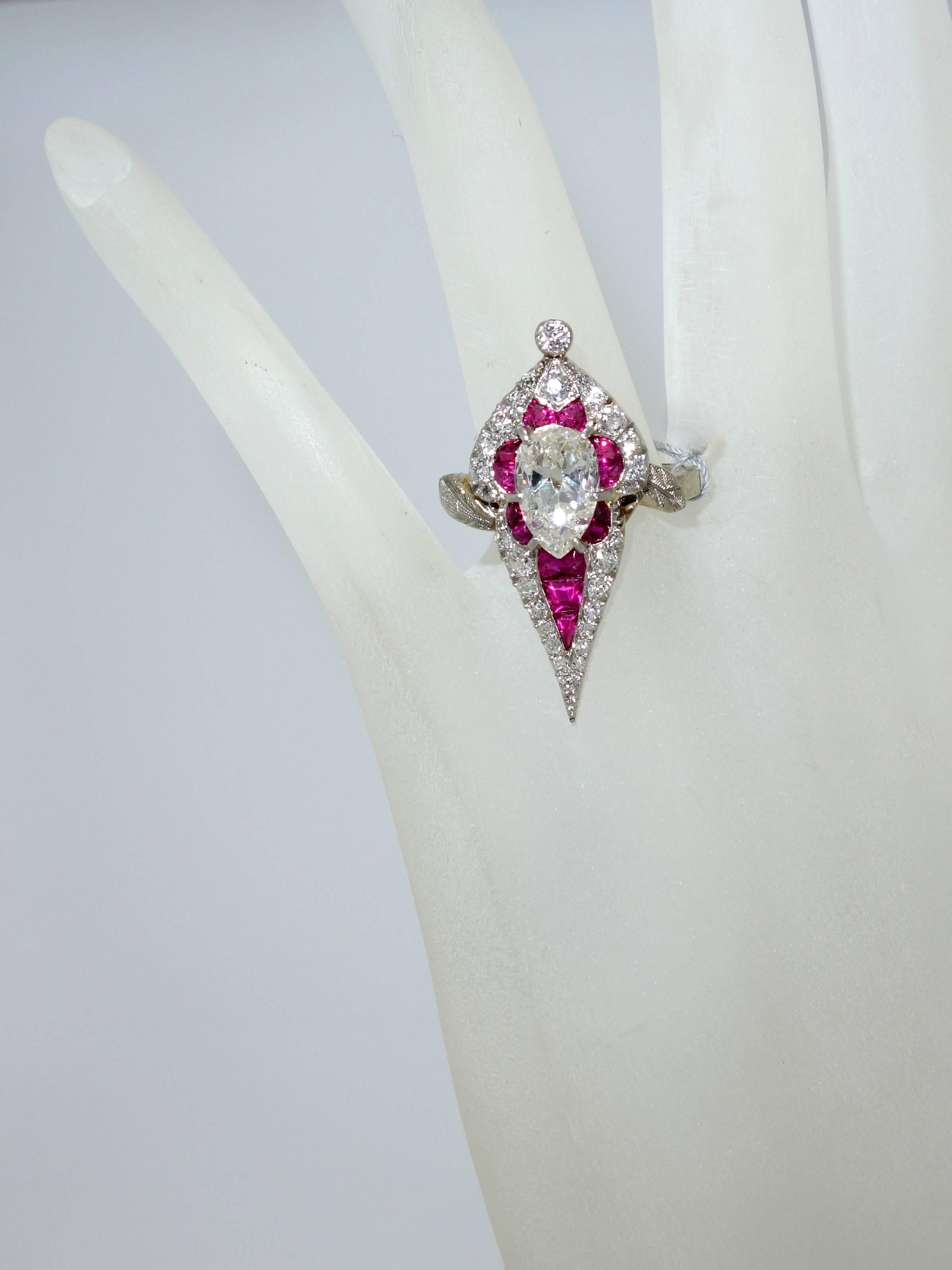 Women's Art Deco Burma Ruby Diamond Platinum Ring