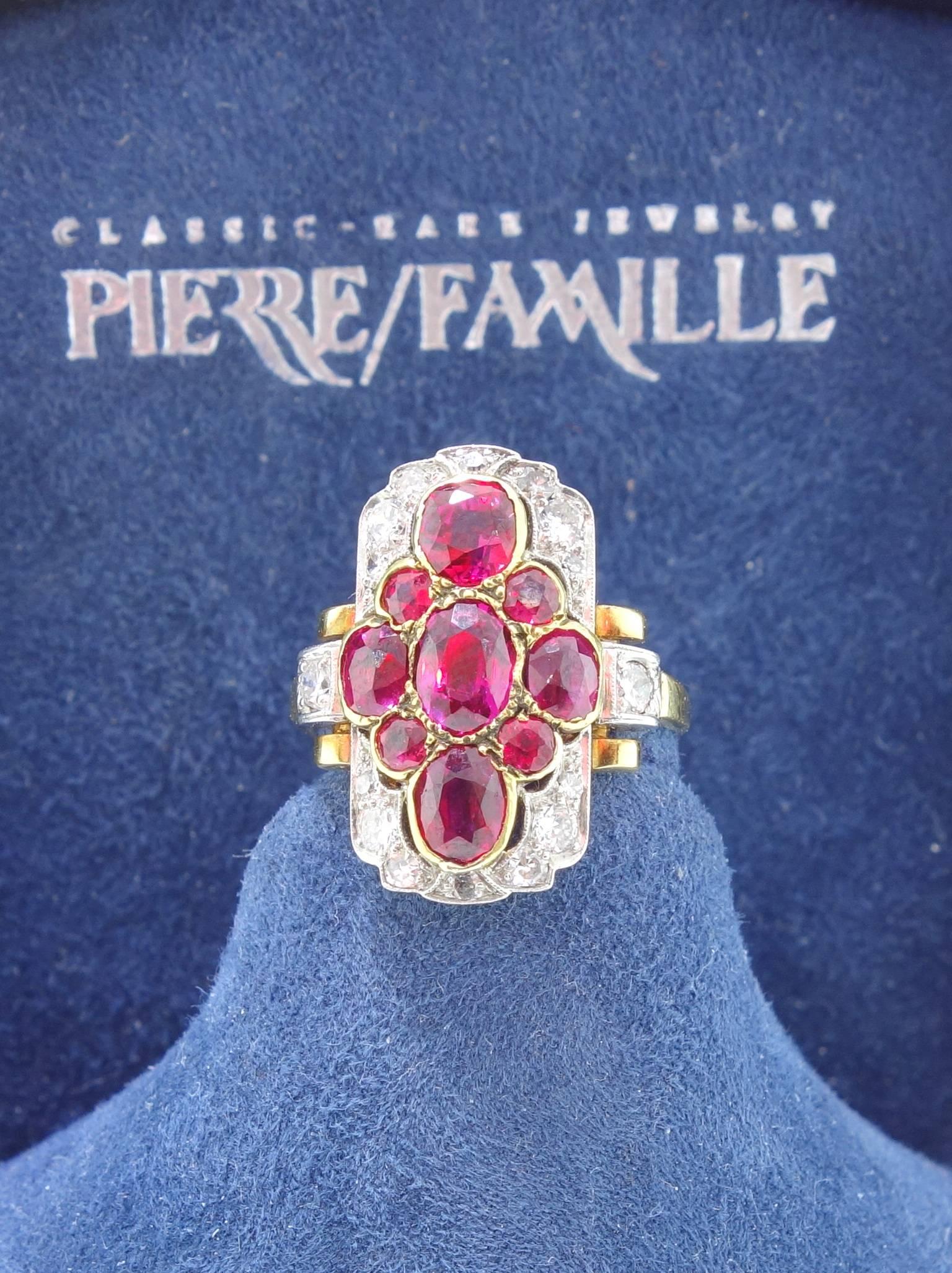 Women's 1900 Antique Burma Ruby Diamond Gold Platinum Ring