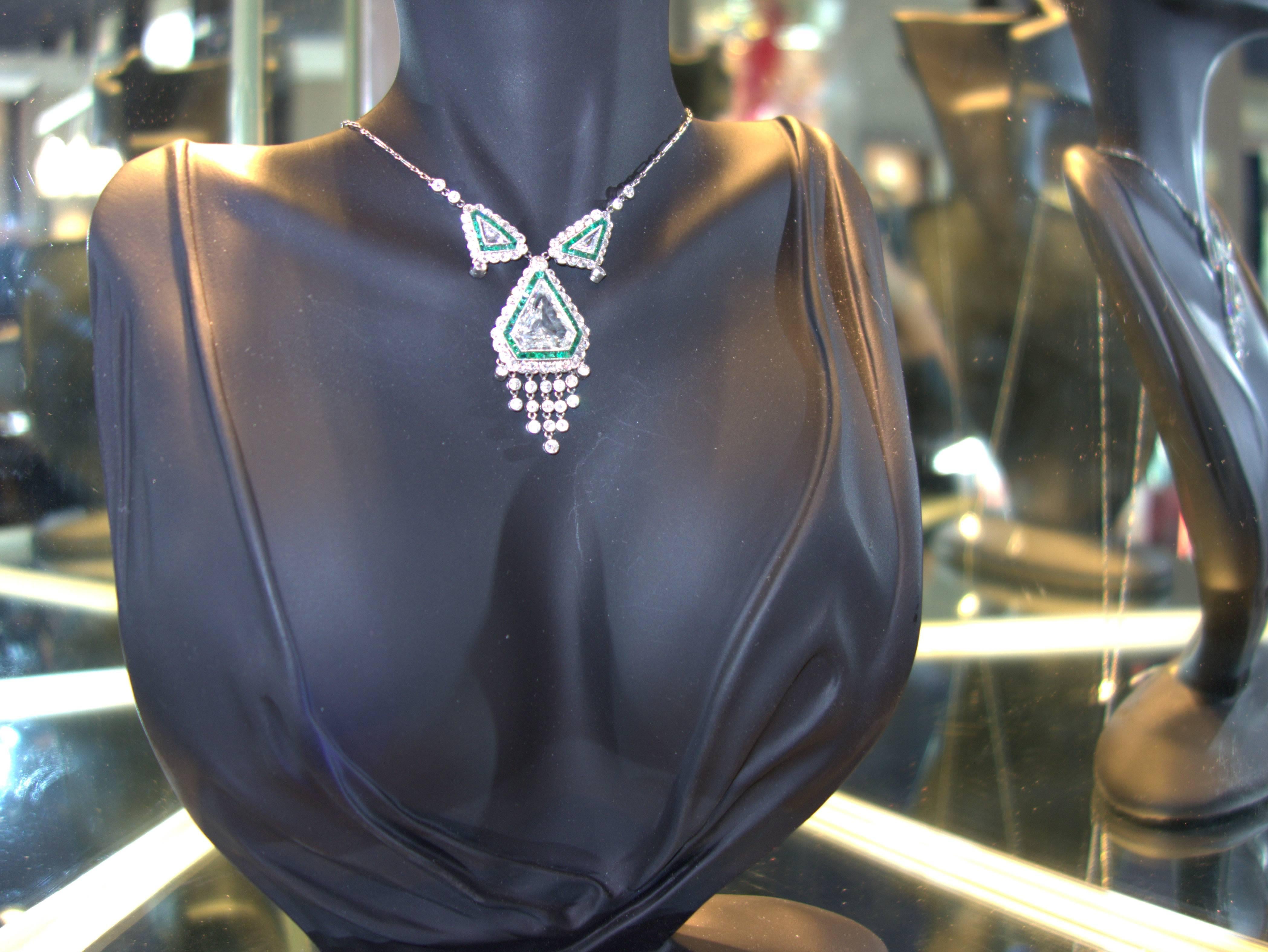 Women's Art Deco Emerald Diamond Platinum Necklace