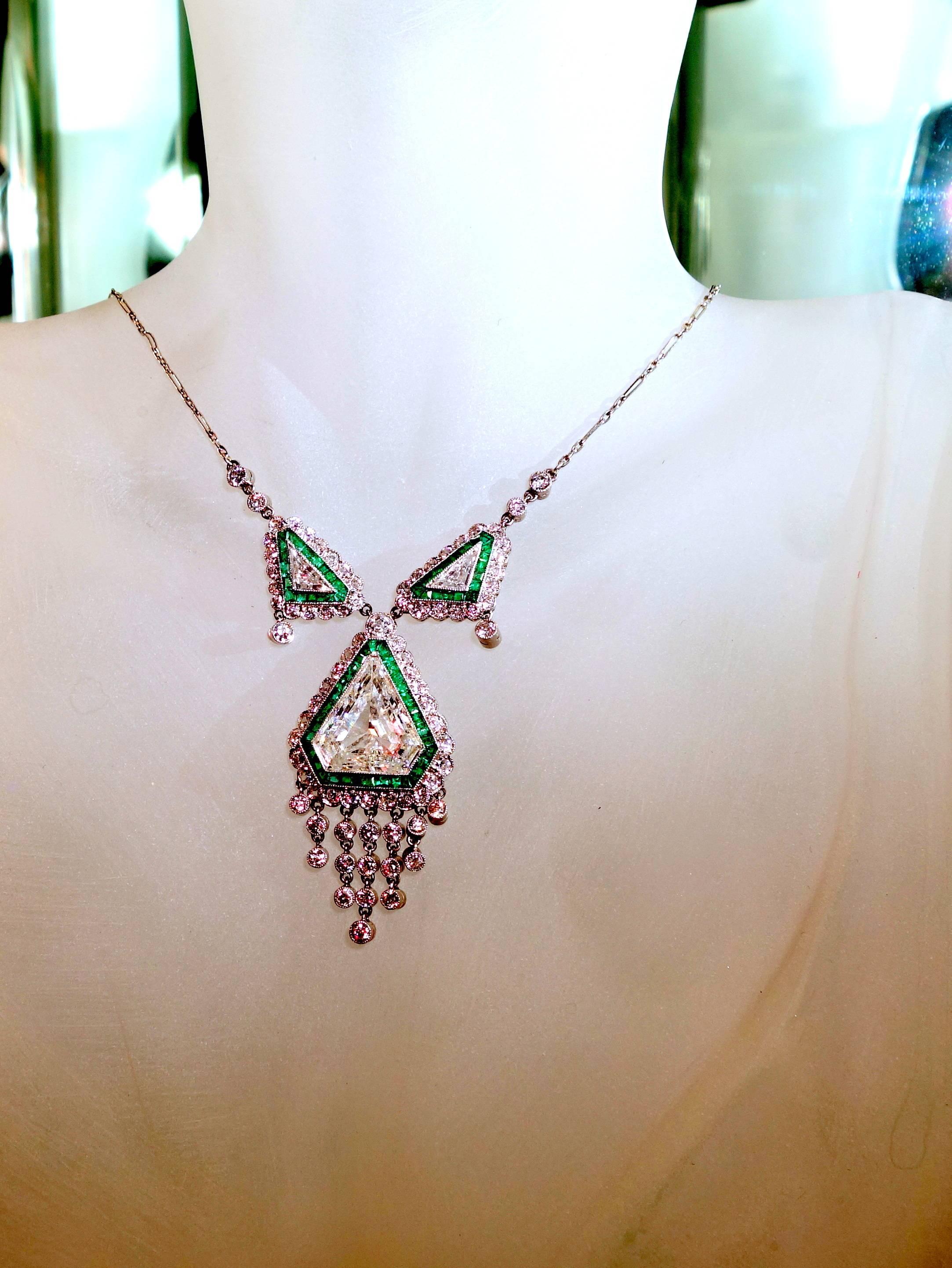 Art Deco Emerald Diamond Platinum Necklace 5