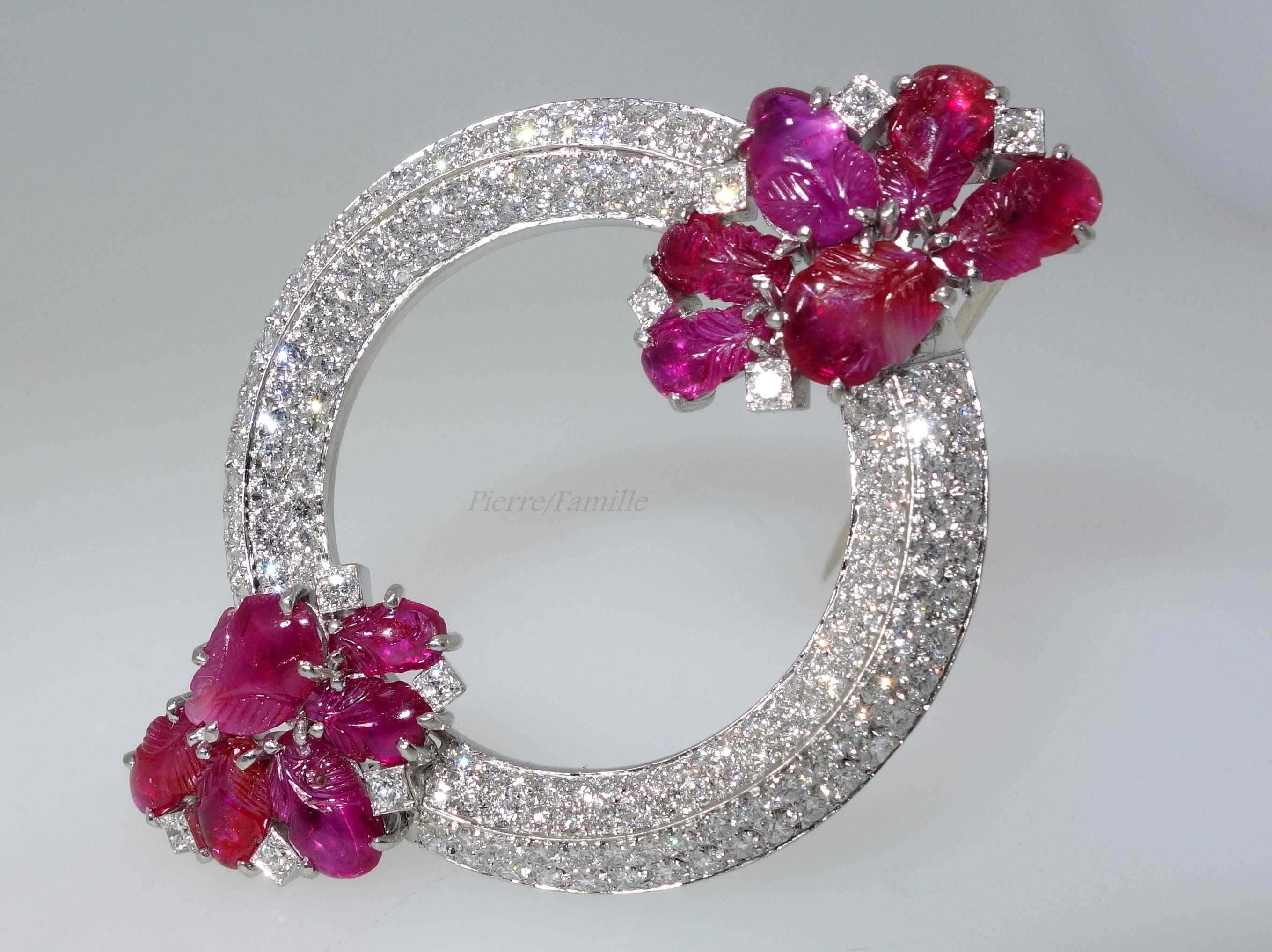1930s Art Deco Burma Ruby Diamond Gold Brooch and Earrings 2