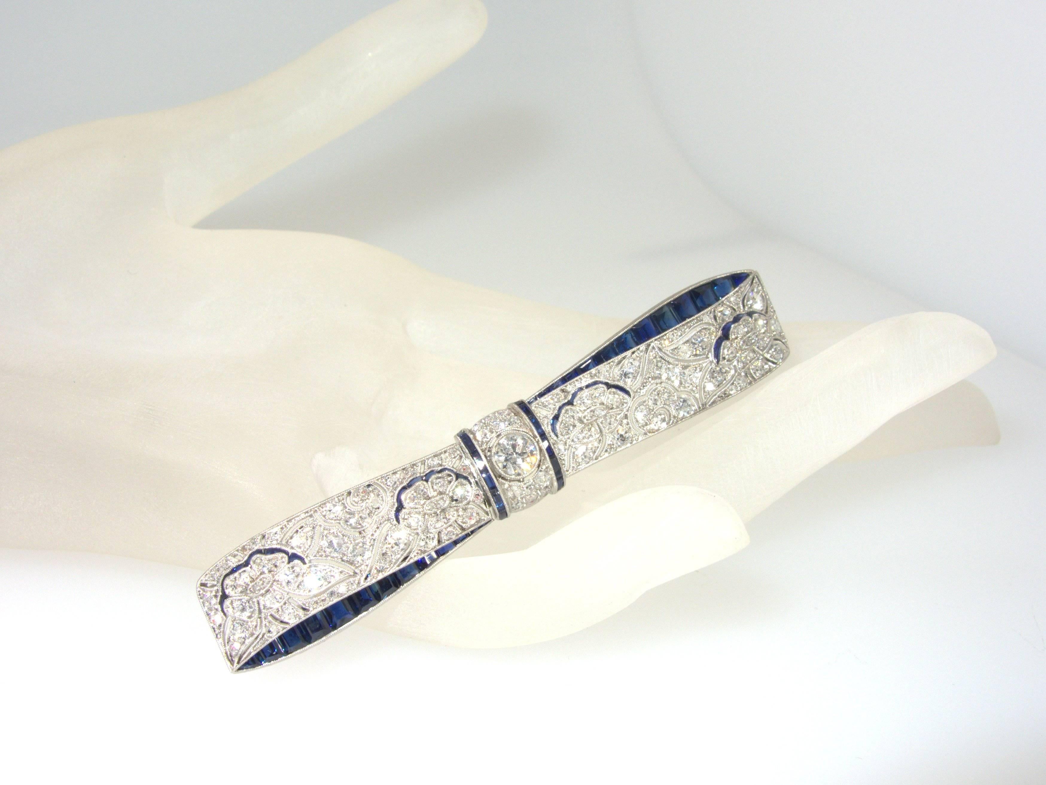 Art Deco diamond and sapphire bow brooch 2