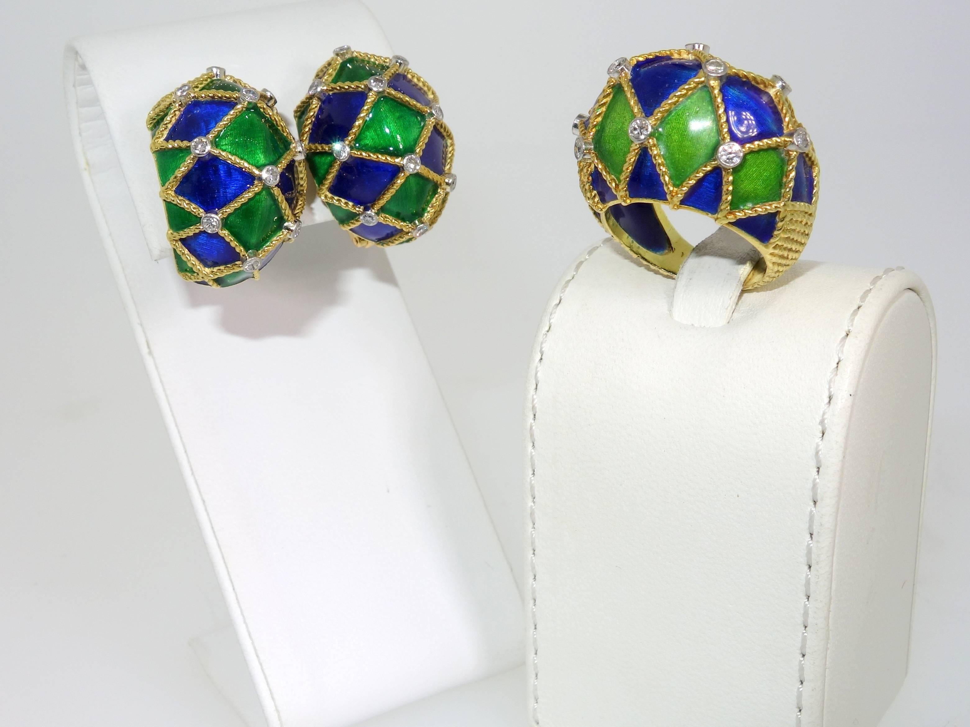 Bright green and blue enamel are accented with small round brilliant cut diamonds set into platinum.  There are a total of .90 cts of fine diamonds, all F/G and VS to VVS (colorless to near colorless and very slightly to very very slightly included)