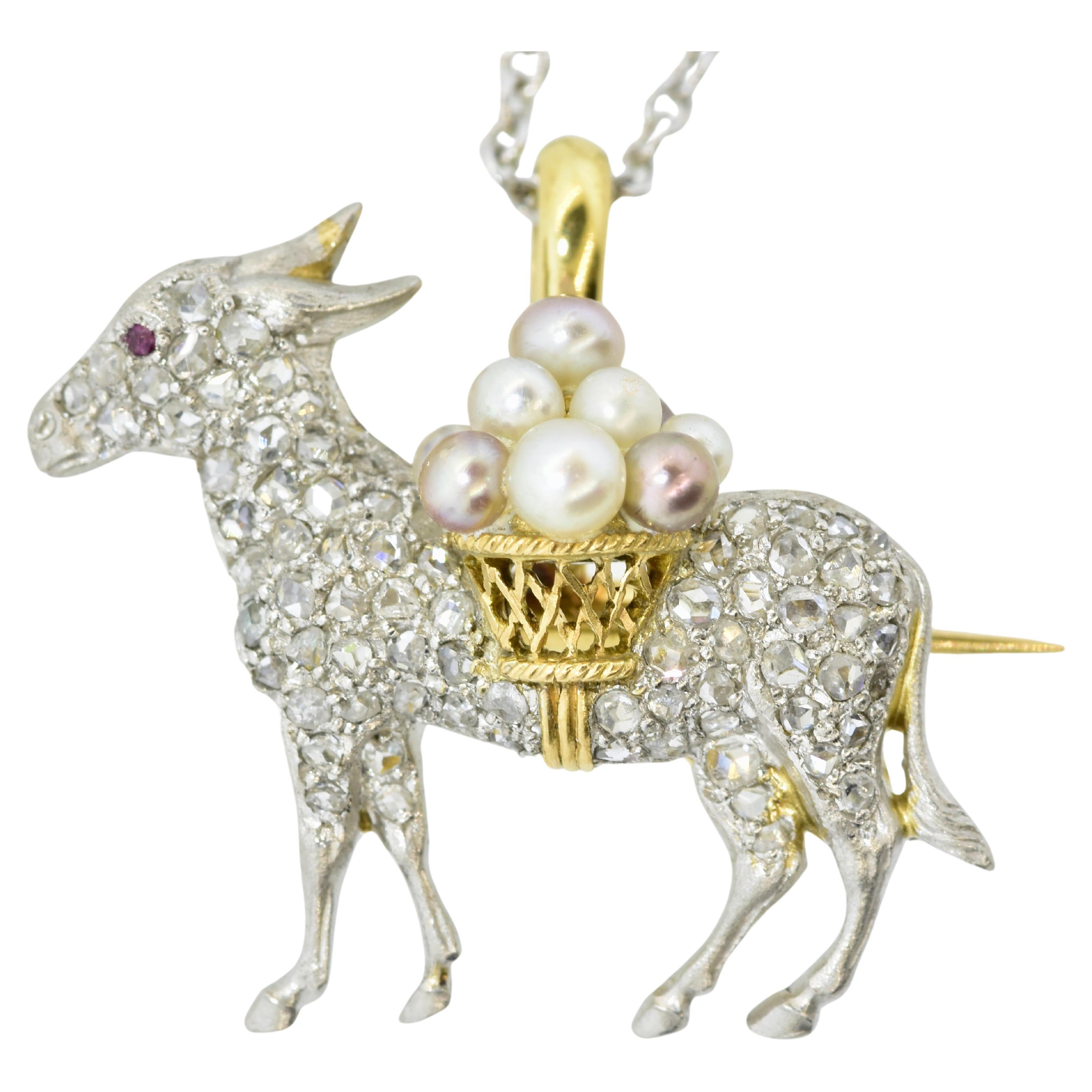 Antique Diamond and Natural Pearl Donkey Brooch/Pendant, French, circa 1900