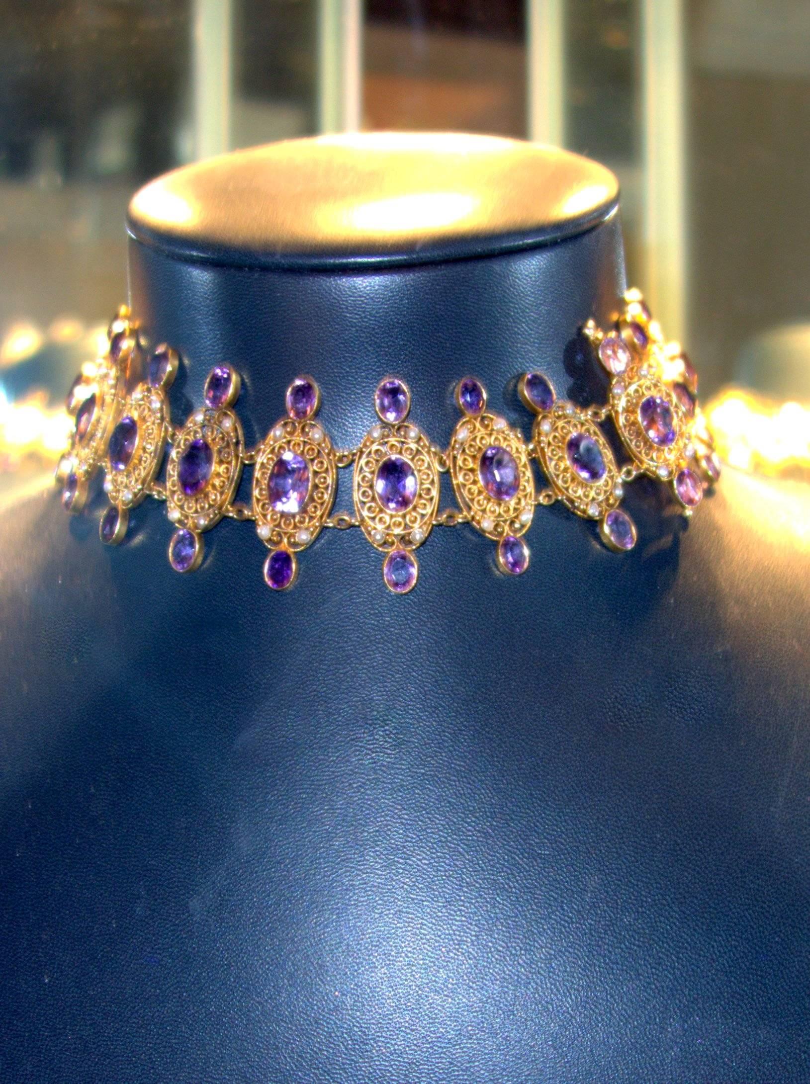 Victorian Matching Amethyst Pearl Gold Bracelets And Necklace In Excellent Condition In Aspen, CO