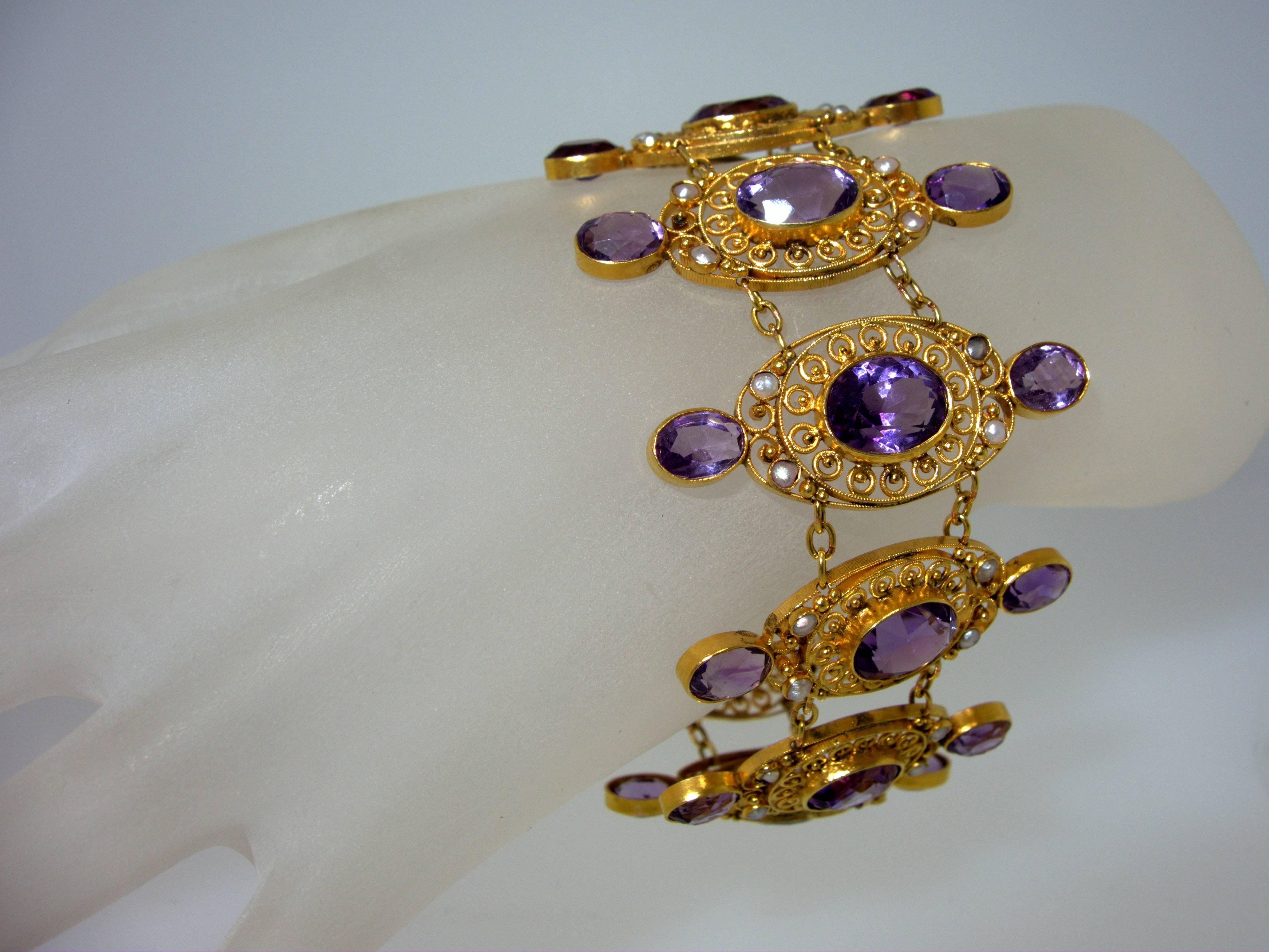 Women's Victorian Matching Amethyst Pearl Gold Bracelets And Necklace