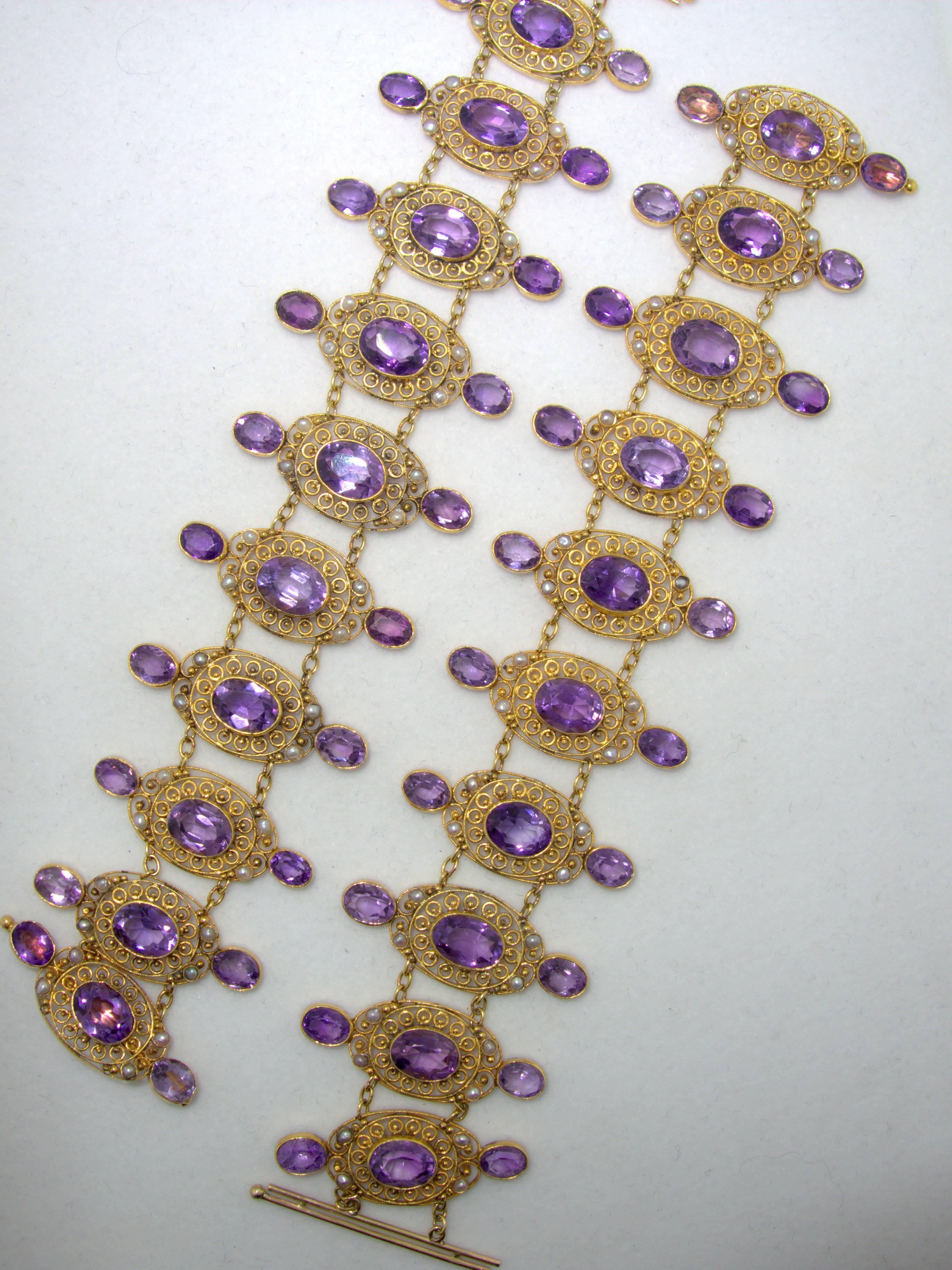 Victorian Matching Amethyst Pearl Gold Bracelets And Necklace 1