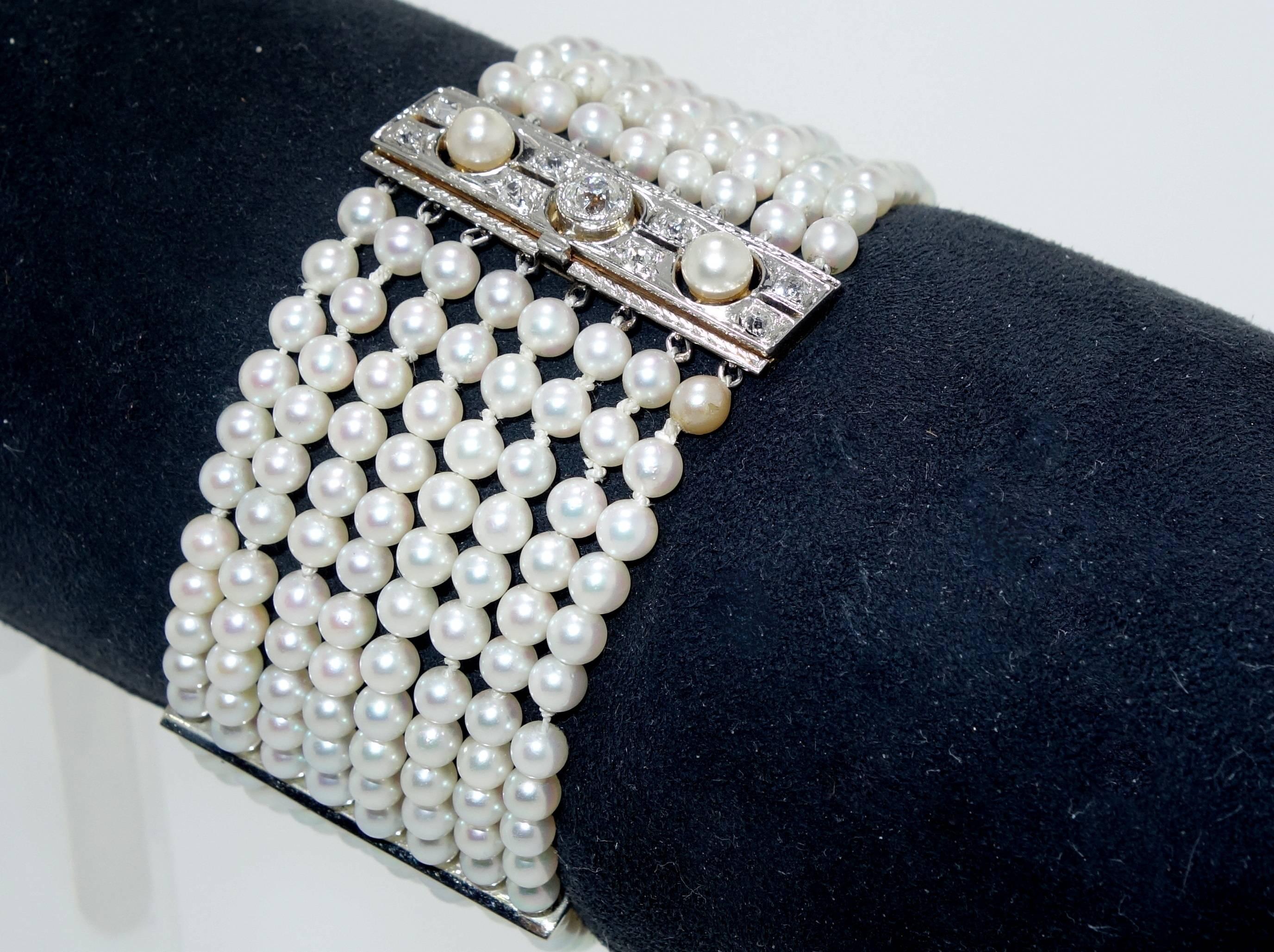 Early 20th Century Pearl Diamond Gold Platinum Bracelet In Excellent Condition In Aspen, CO