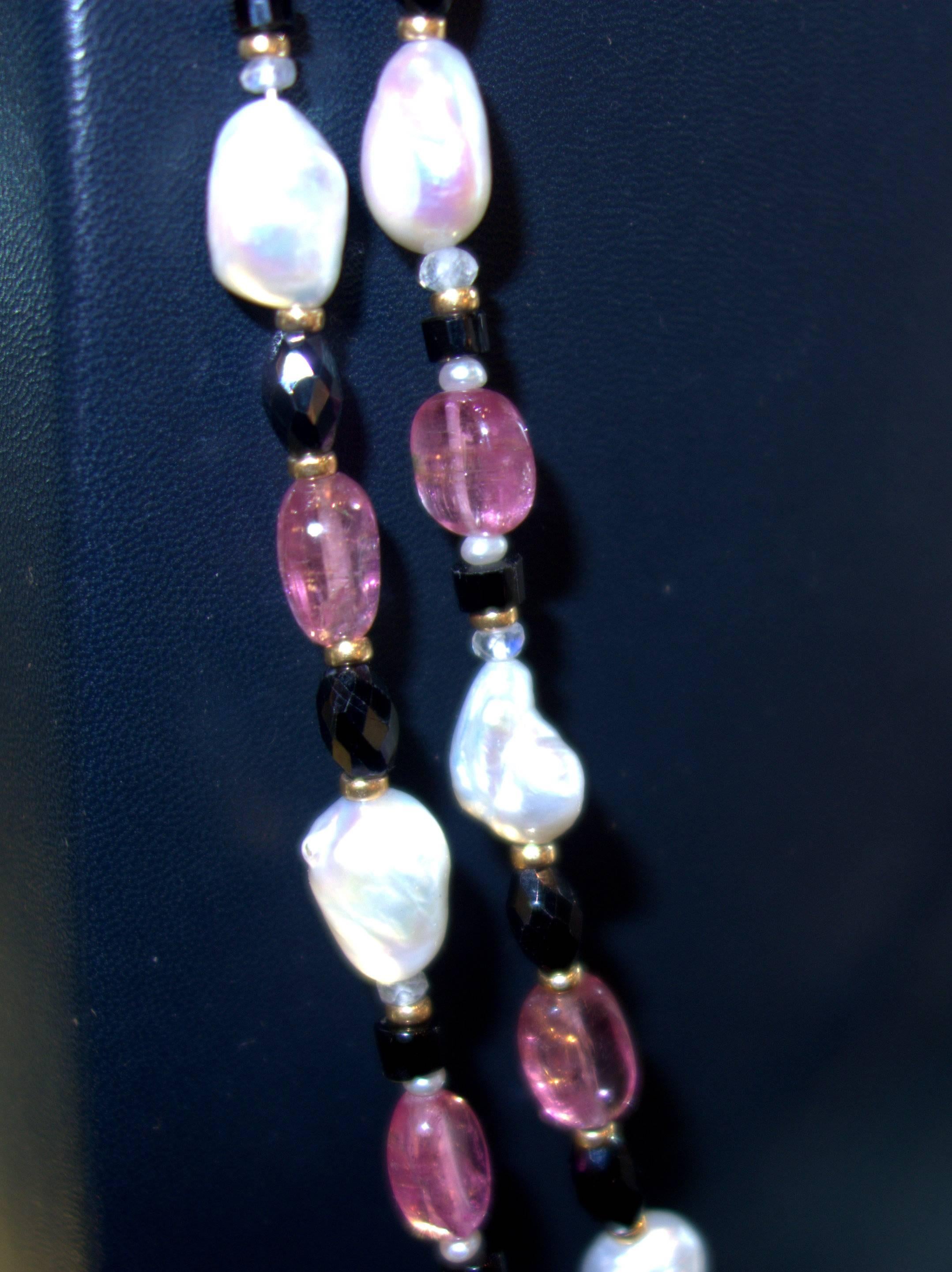 Contemporary Hot Pink Tourmaline Baroque Pearl Onyx Gold Long Sautoir Necklace