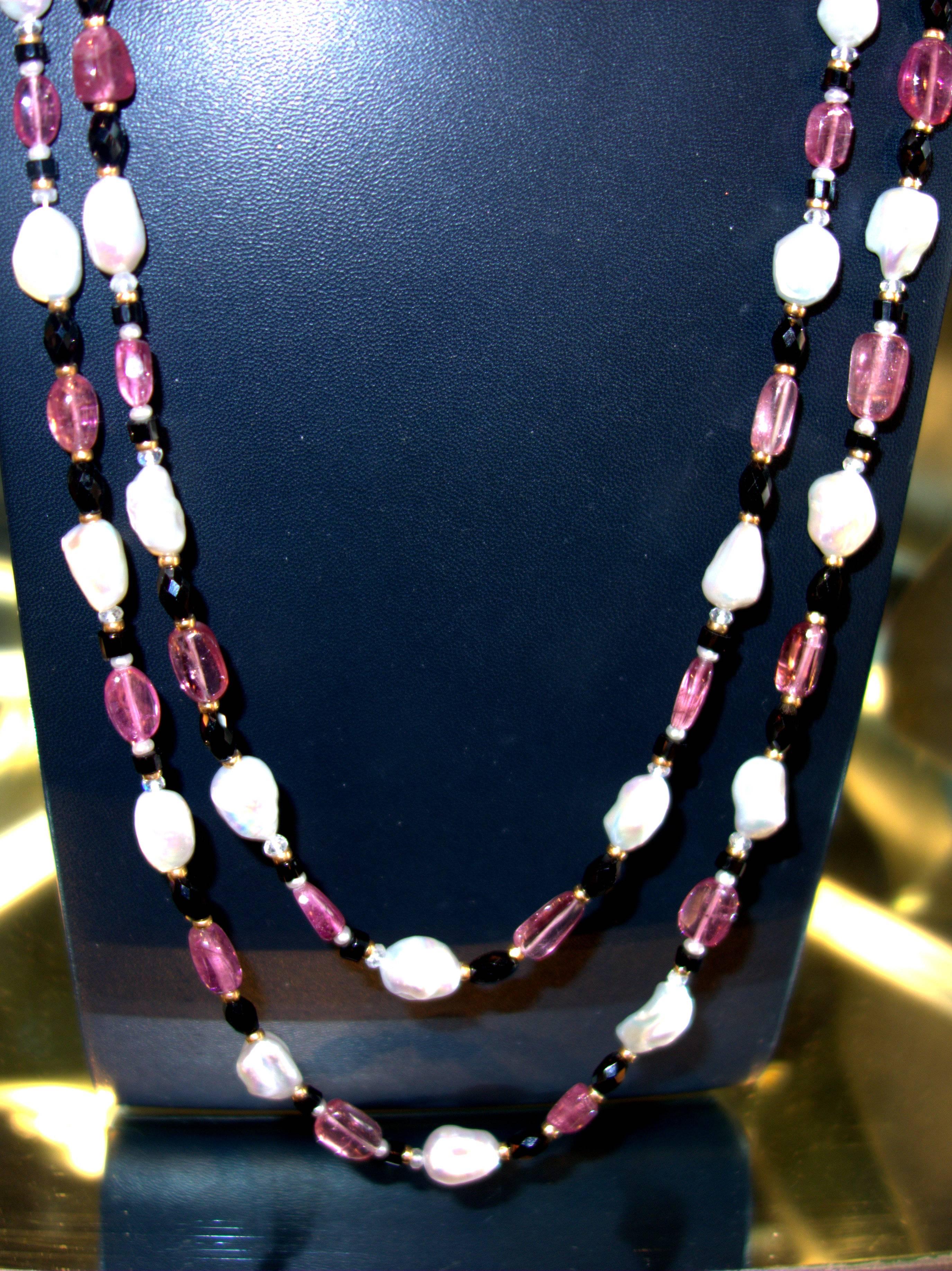 Hot Pink Tourmaline Baroque Pearl Onyx Gold Long Sautoir Necklace In Excellent Condition In Aspen, CO