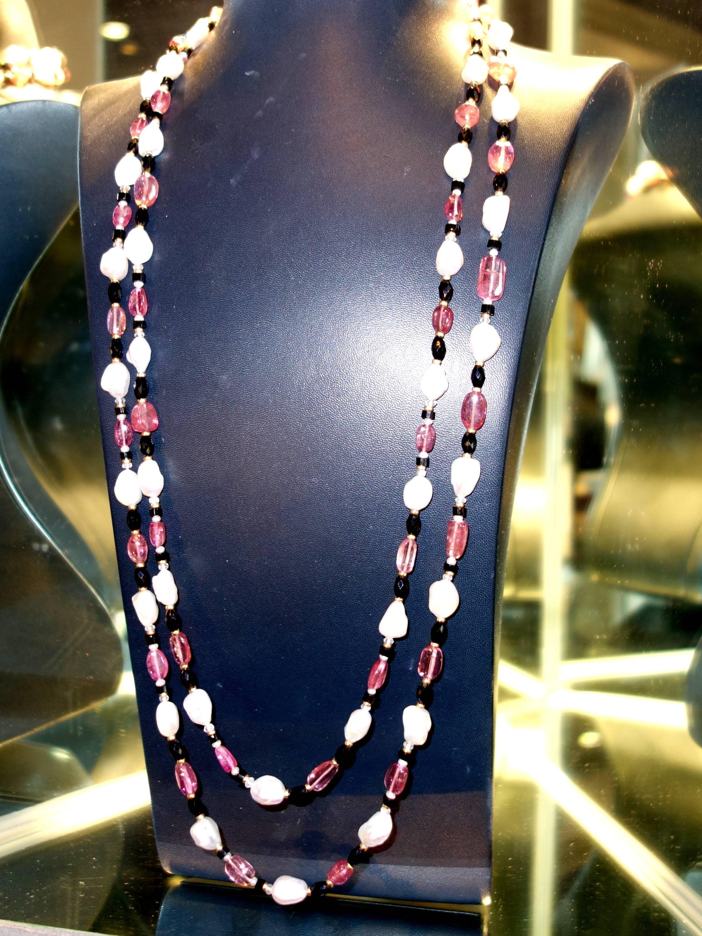 Women's Hot Pink Tourmaline Baroque Pearl Onyx Gold Long Sautoir Necklace