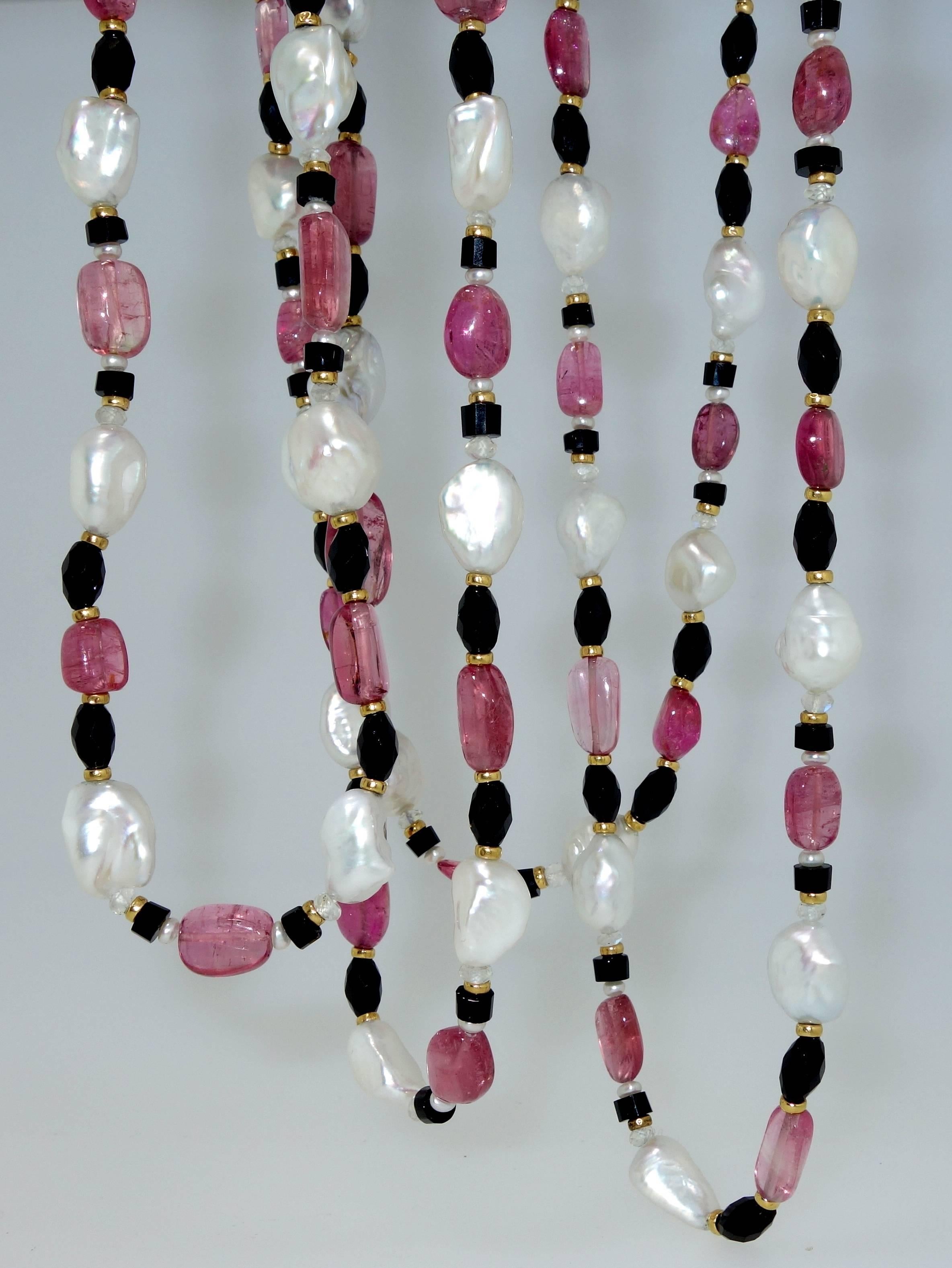 Hot Pink Tourmaline Baroque Pearl Onyx Gold Long Sautoir Necklace 1