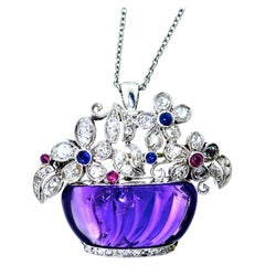 Art Deco Blumenkorb mit Amethyst, Diamant, Saphir und Rubin, um 1925