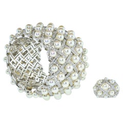 Vintage Chanel Matelasse Diamond & Pearl 18K Wide Bangle Bracelet & Matching Ring C 2009