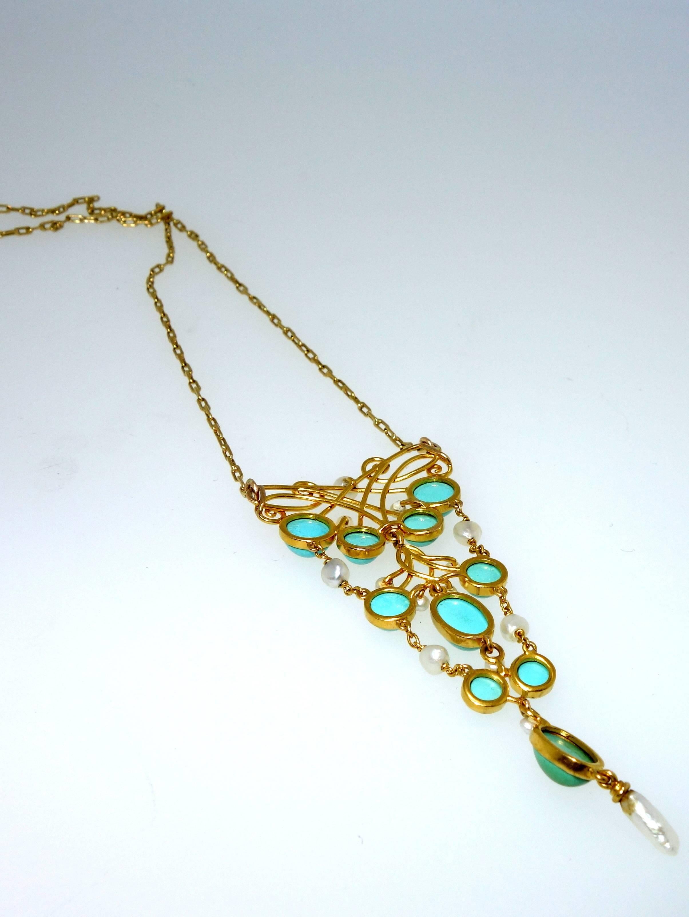 Women's Art Nouveau Pearl Turquoise Gold Necklace