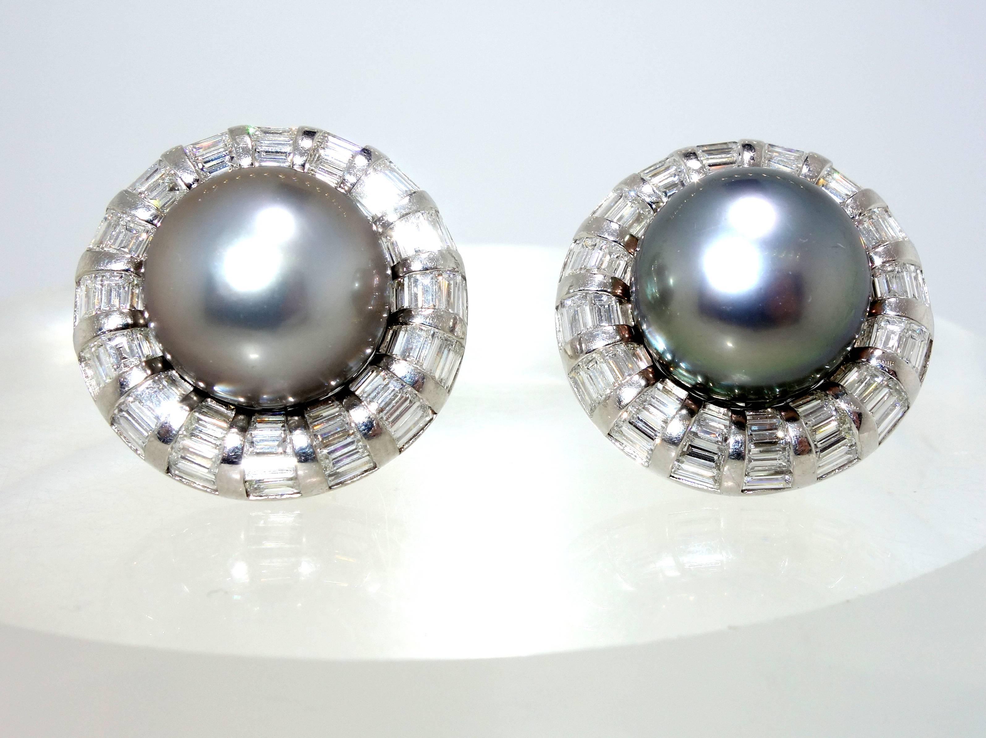 Pearl Diamond Platinum Earrings In Excellent Condition In Aspen, CO