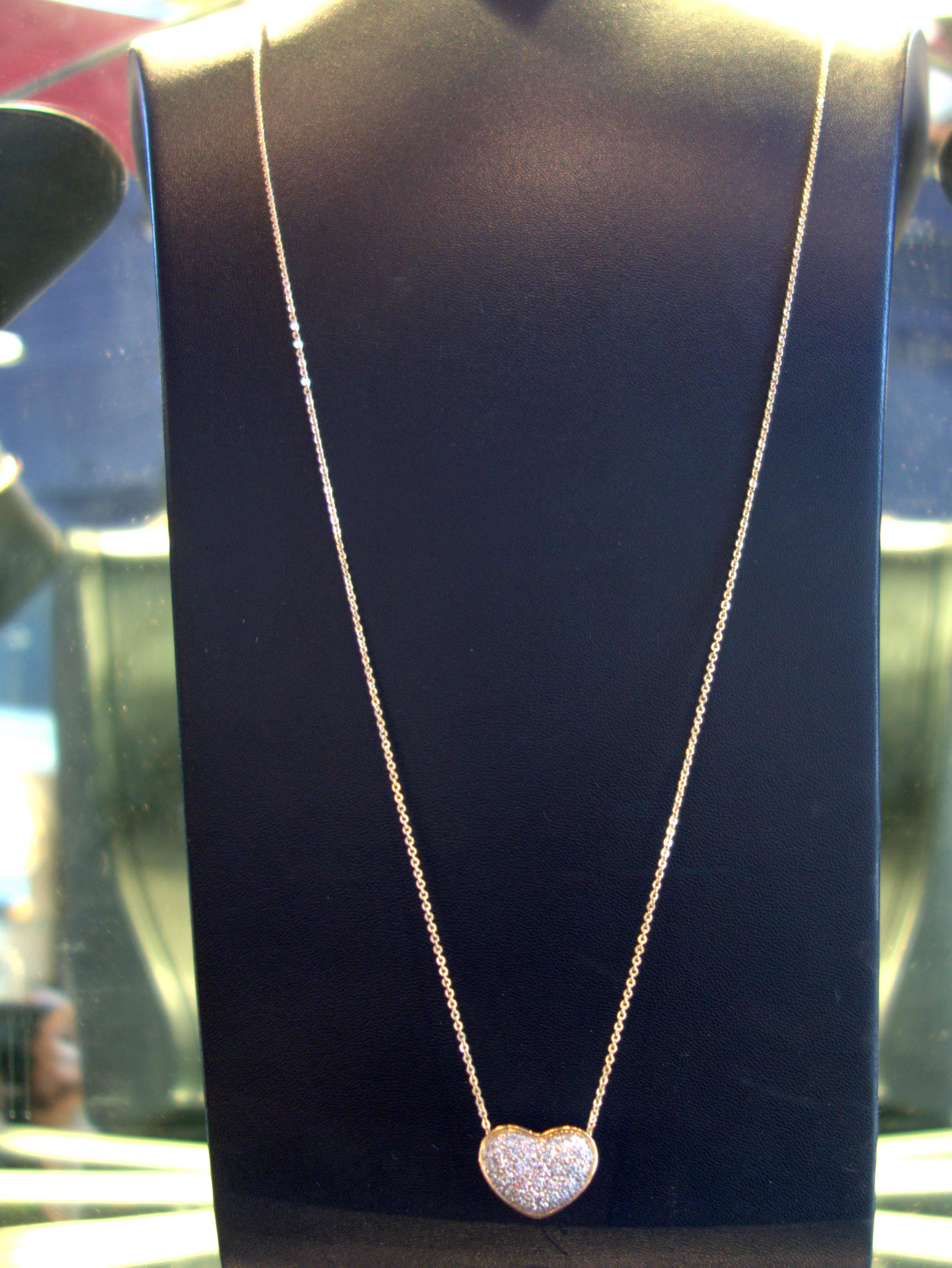 Women's Very Long Diamond Pave Gold Platinum Heart Sautoir Necklace