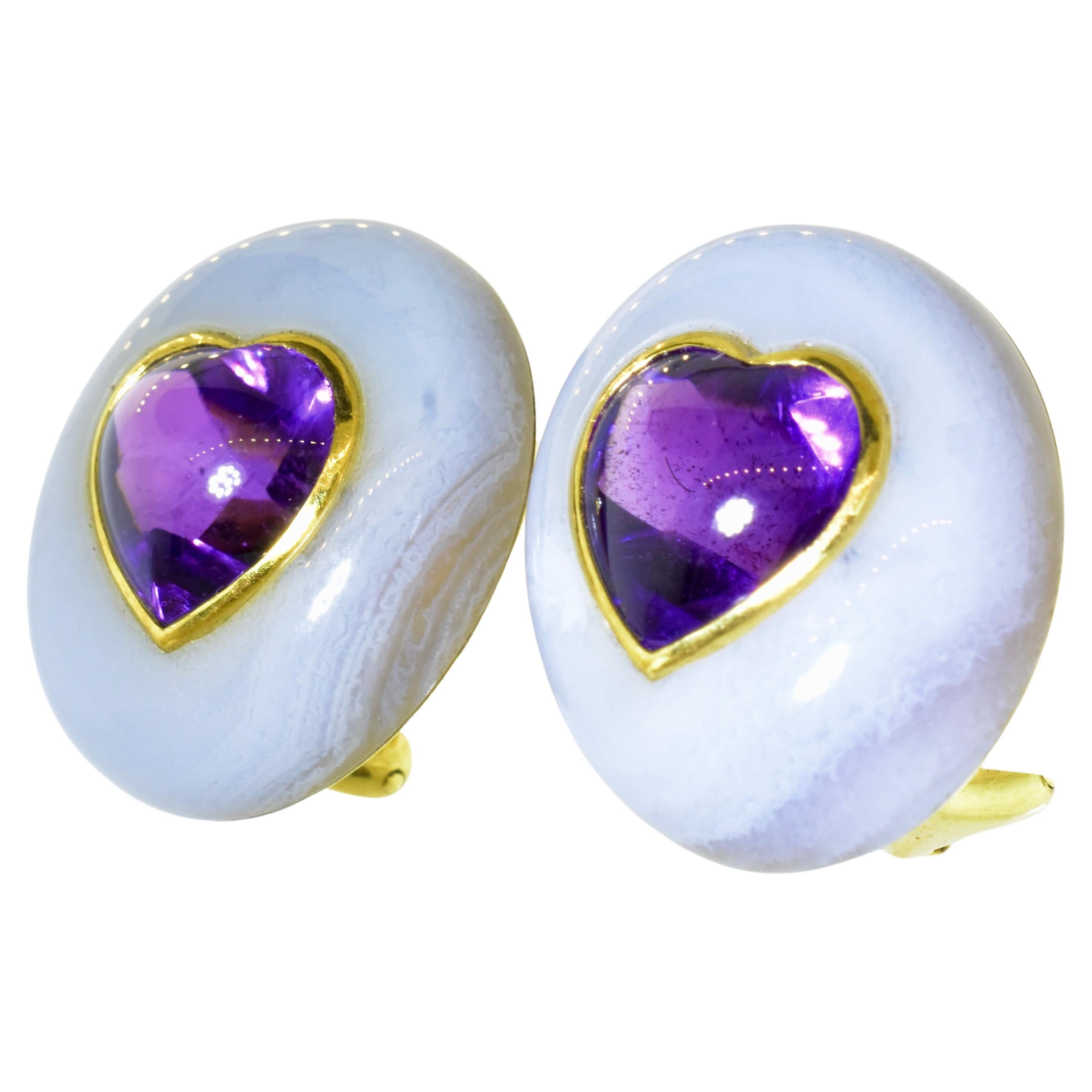 Angela Cummings, a major designer for Tiffany & Co., has designed these very unusual and remarkable 18K yellow gold, amethyst and agate earrings are by Angela Cummings, they are slightly less than 1 inch in length and .75 inches in their width. 